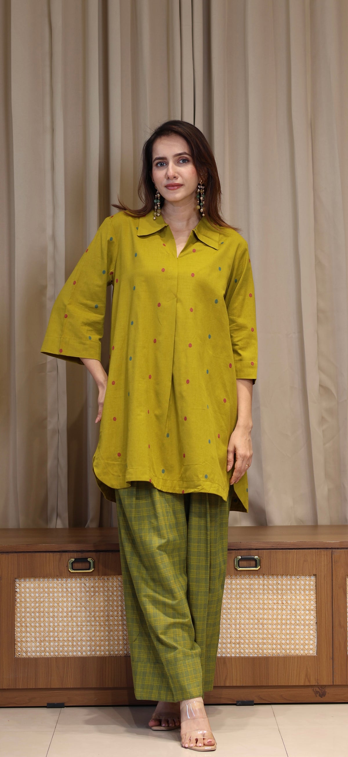 Riddhi Mercerised Cotton Handwoven Kurta Set - Mustard Olive