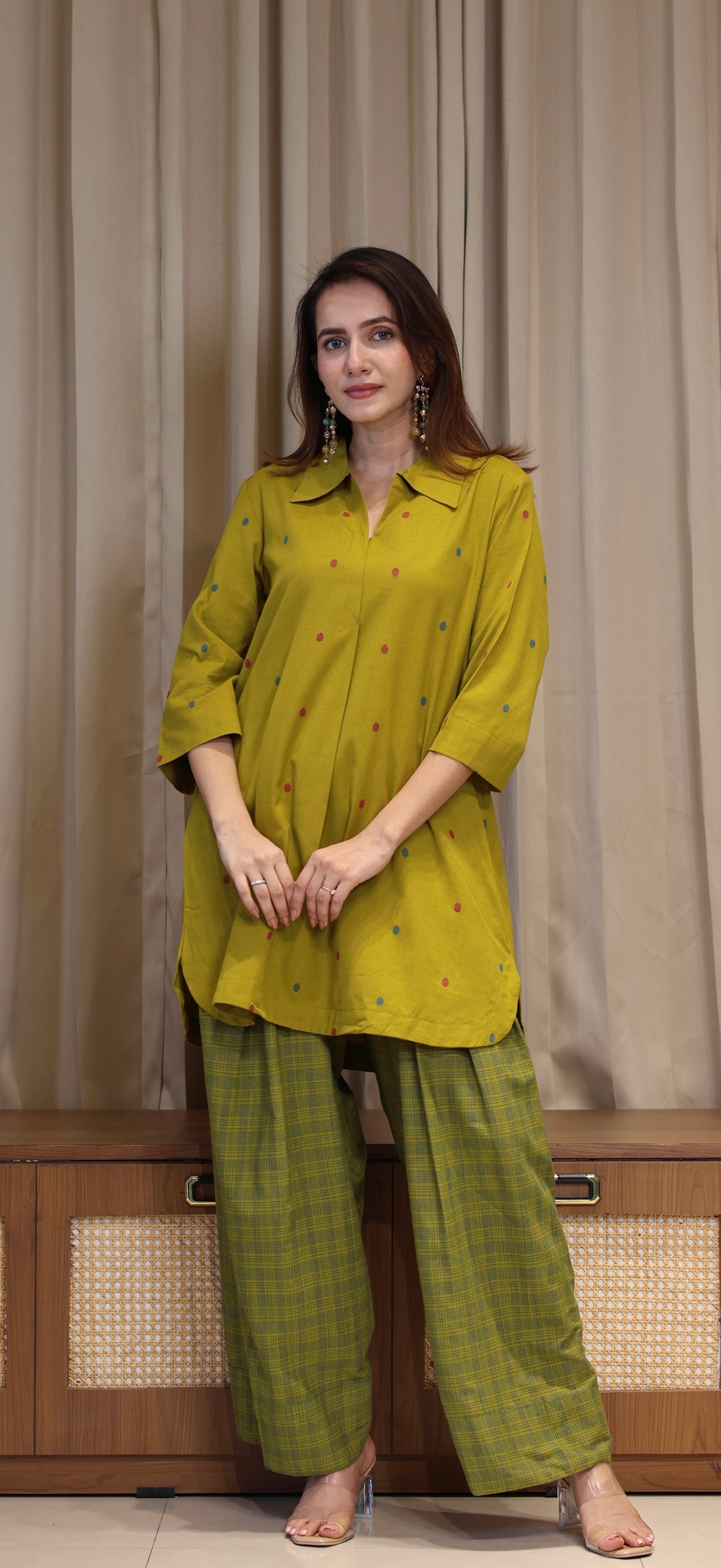 Riddhi Mercerised Cotton Handwoven Kurta Set - Mustard Olive