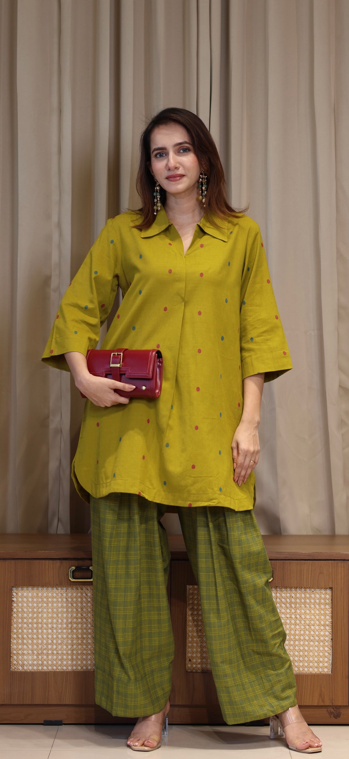 Riddhi Mercerised Cotton Handwoven Kurta Set - Mustard Olive