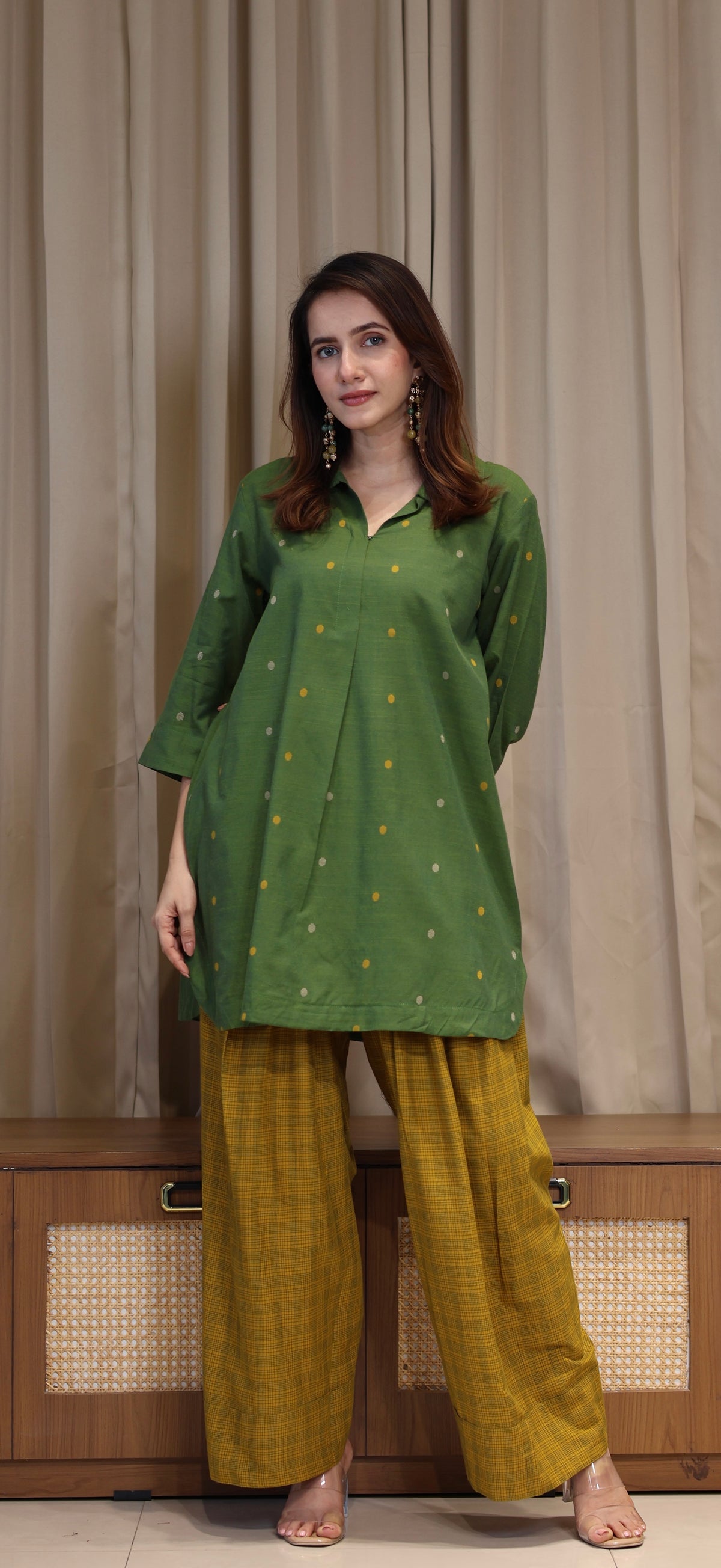 Yatika Mercerised Cotton Handwoven Kurta Set - Green