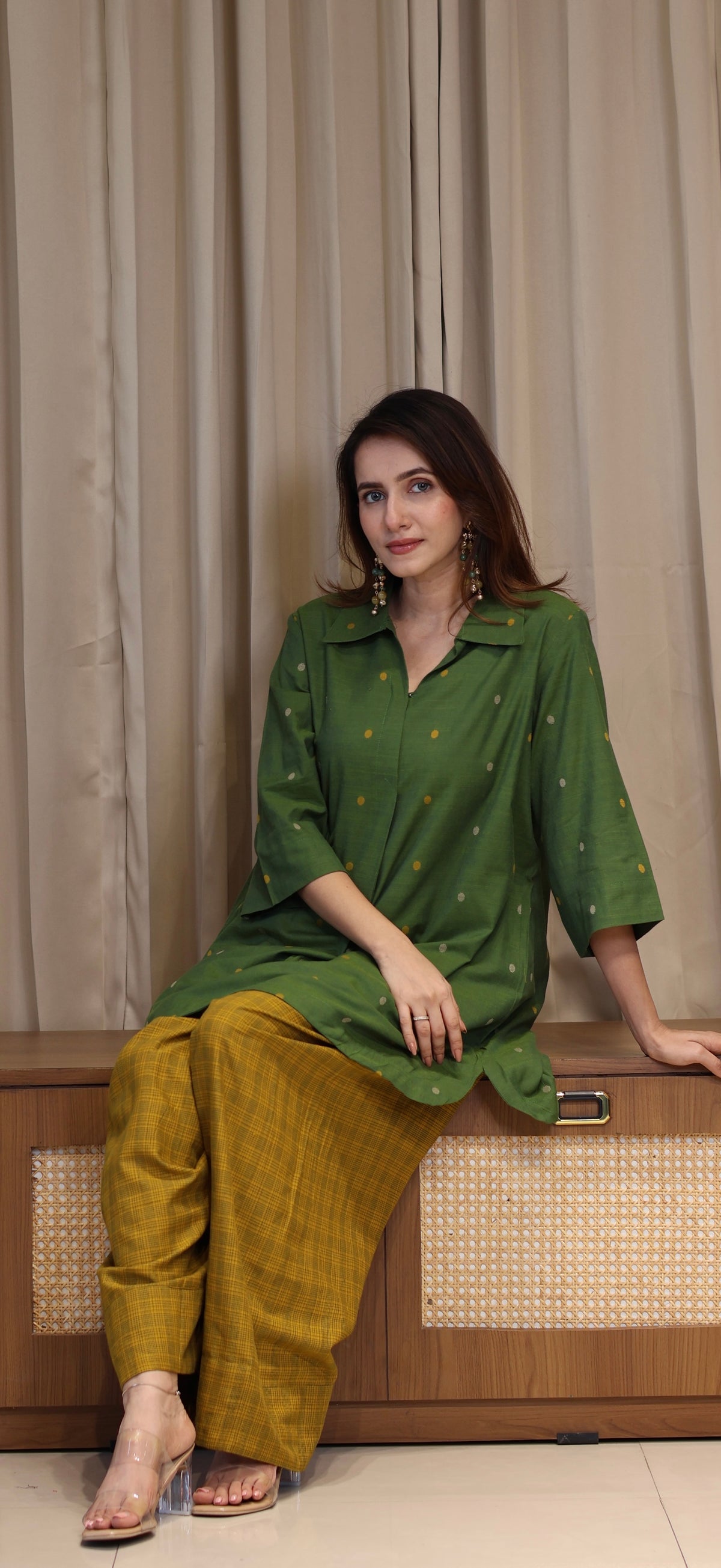 Yatika Mercerised Cotton Handwoven Kurta Set - Green