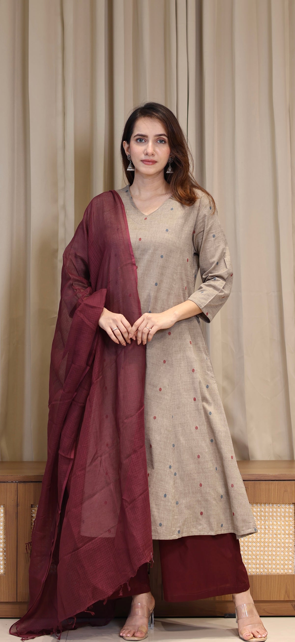 Farida Mercerised Cotton Handwoven Kurta - Warm Taupe