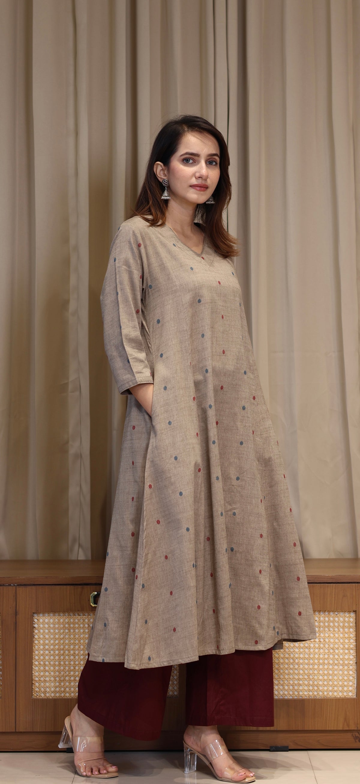 Farida Mercerised Cotton Handwoven Kurta - Warm Taupe