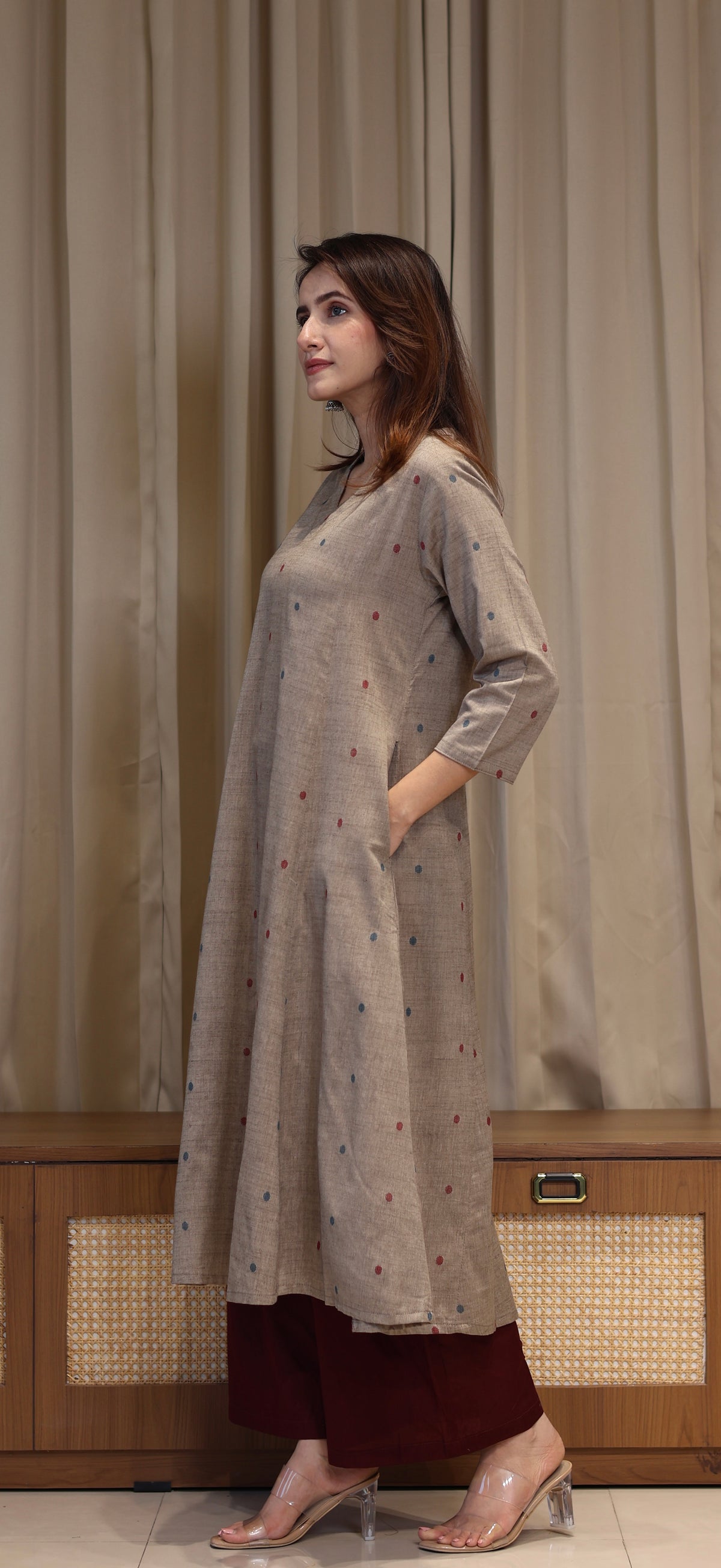 Farida Mercerised Cotton Handwoven Kurta - Warm Taupe