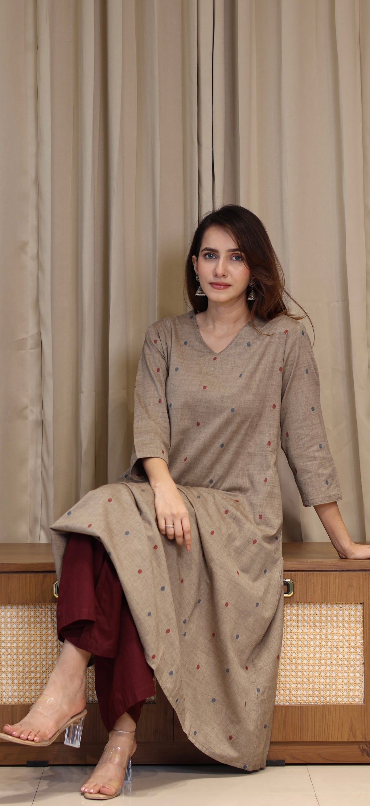 Farida Mercerised Cotton Handwoven Kurta - Warm Taupe
