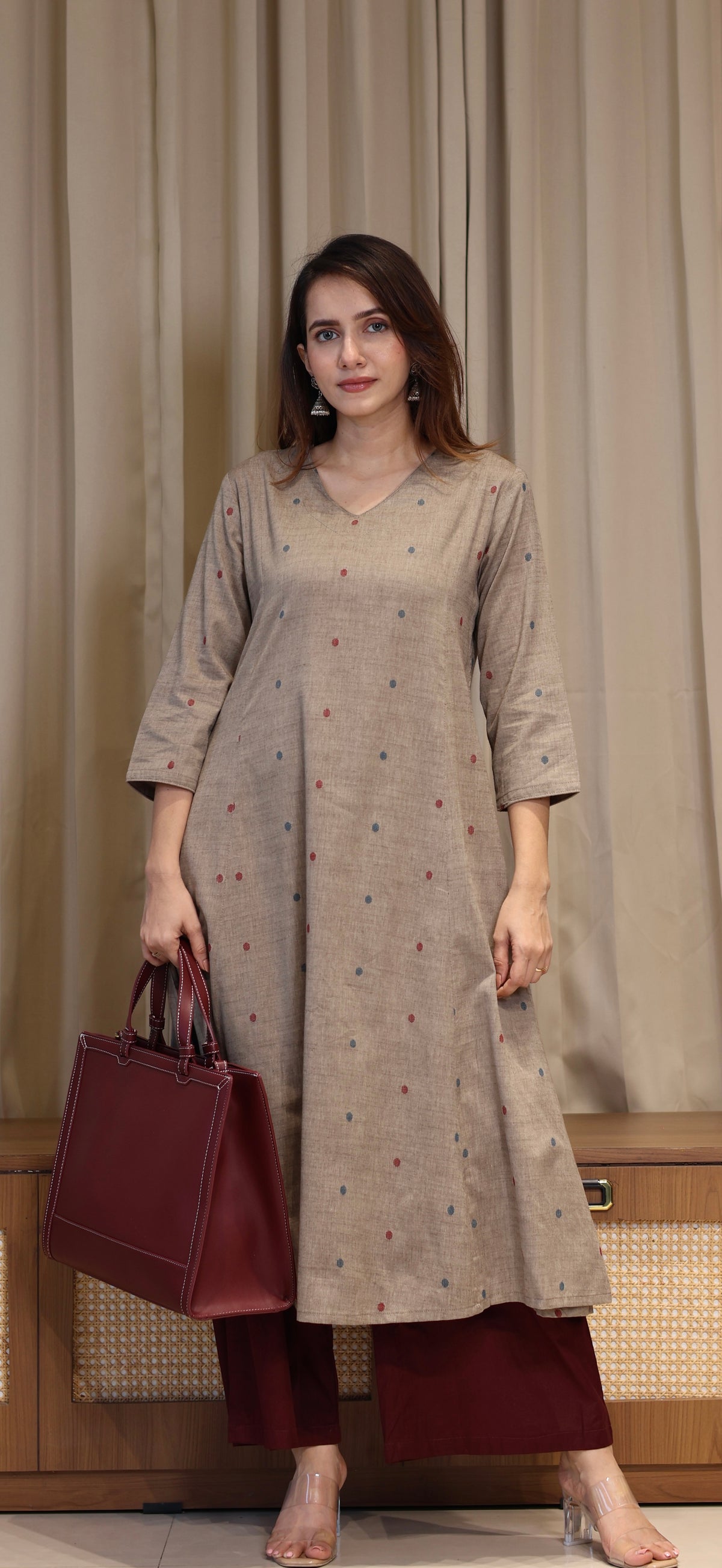 Farida Mercerised Cotton Handwoven Kurta - Warm Taupe