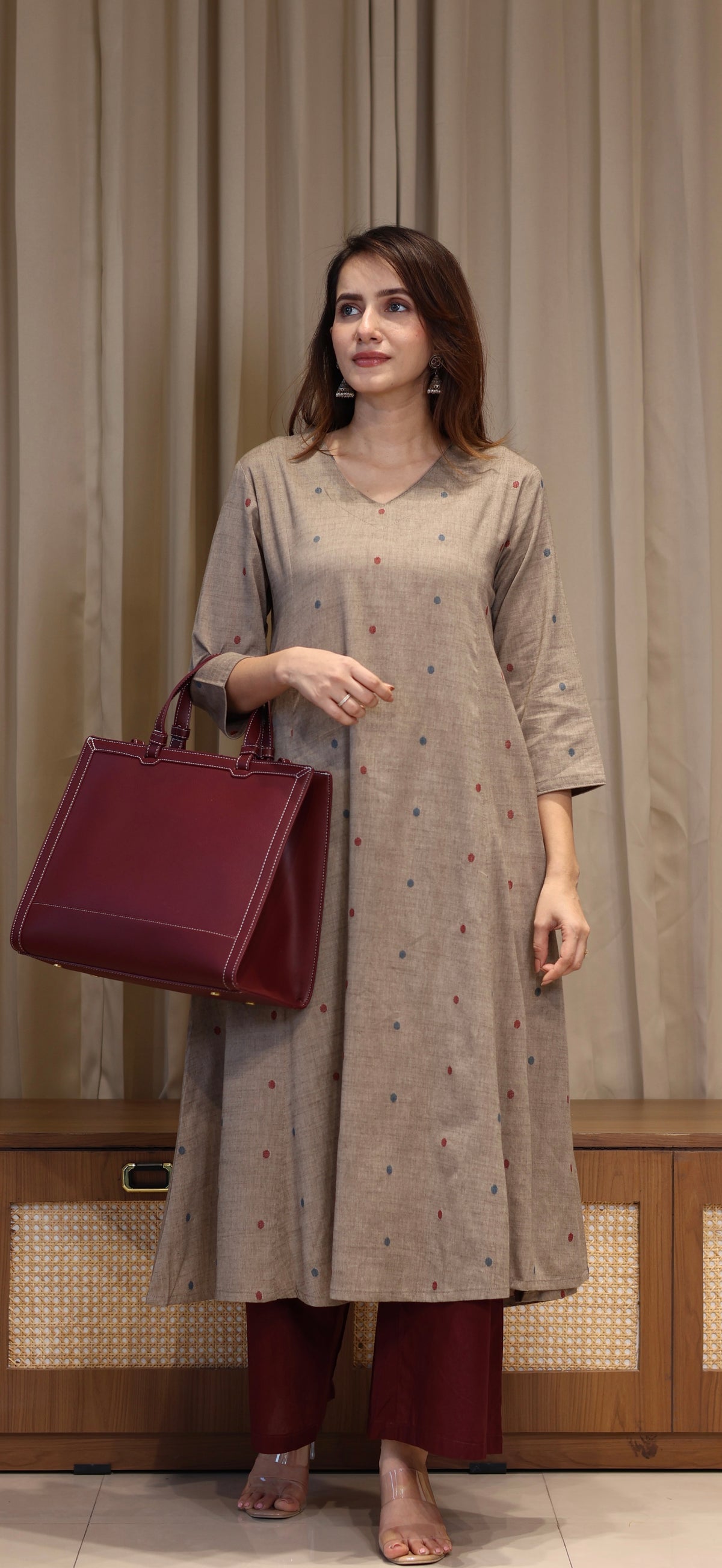 Farida Mercerised Cotton Handwoven Kurta - Warm Taupe