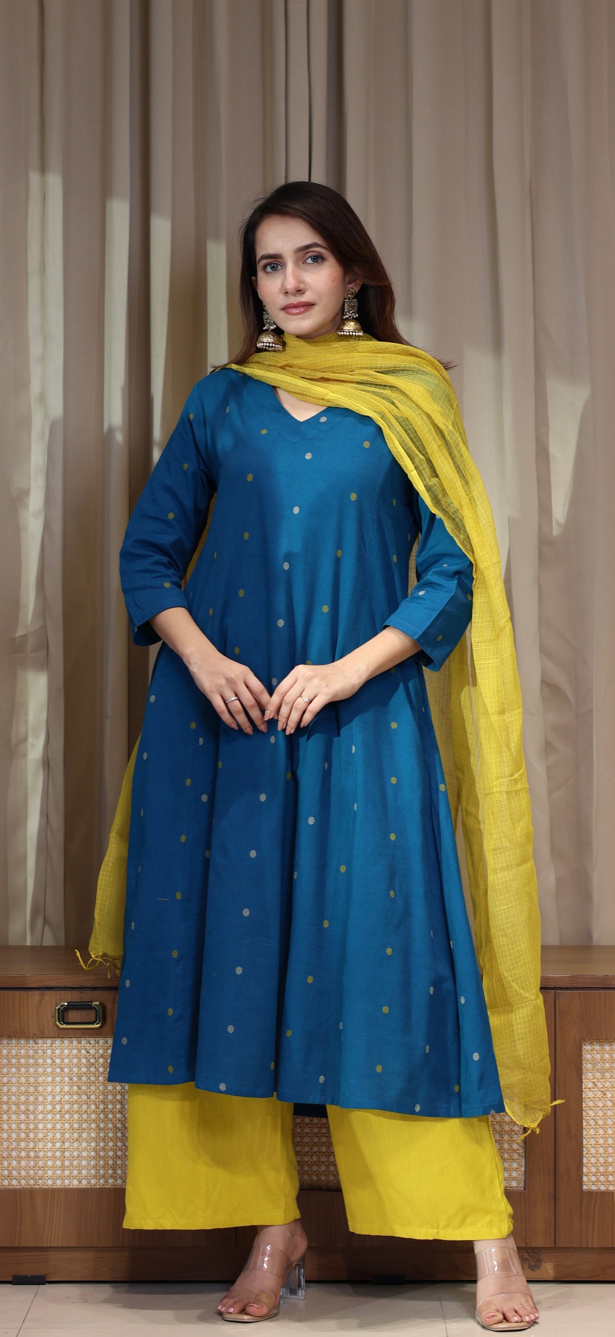 Gulnaz Mercerised Cotton Handwoven Kurta - Blue