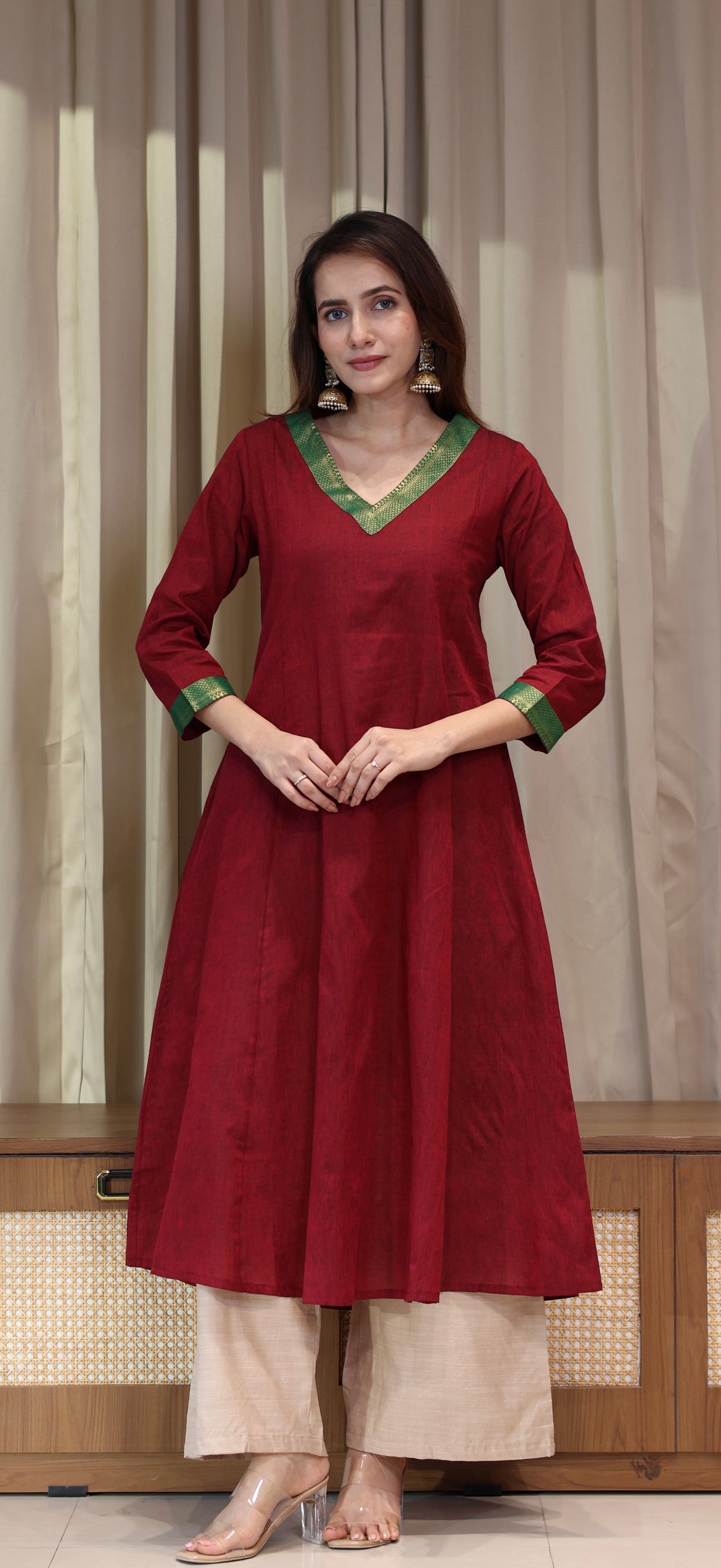 Tabasum Mangalgiri Cotton Kali Kurta With Nizam Border - Maroon