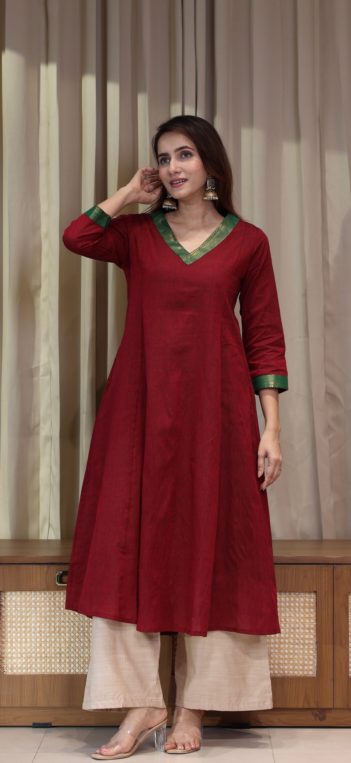 Tabasum Mangalgiri Cotton Kali Kurta With Nizam Border - Maroon