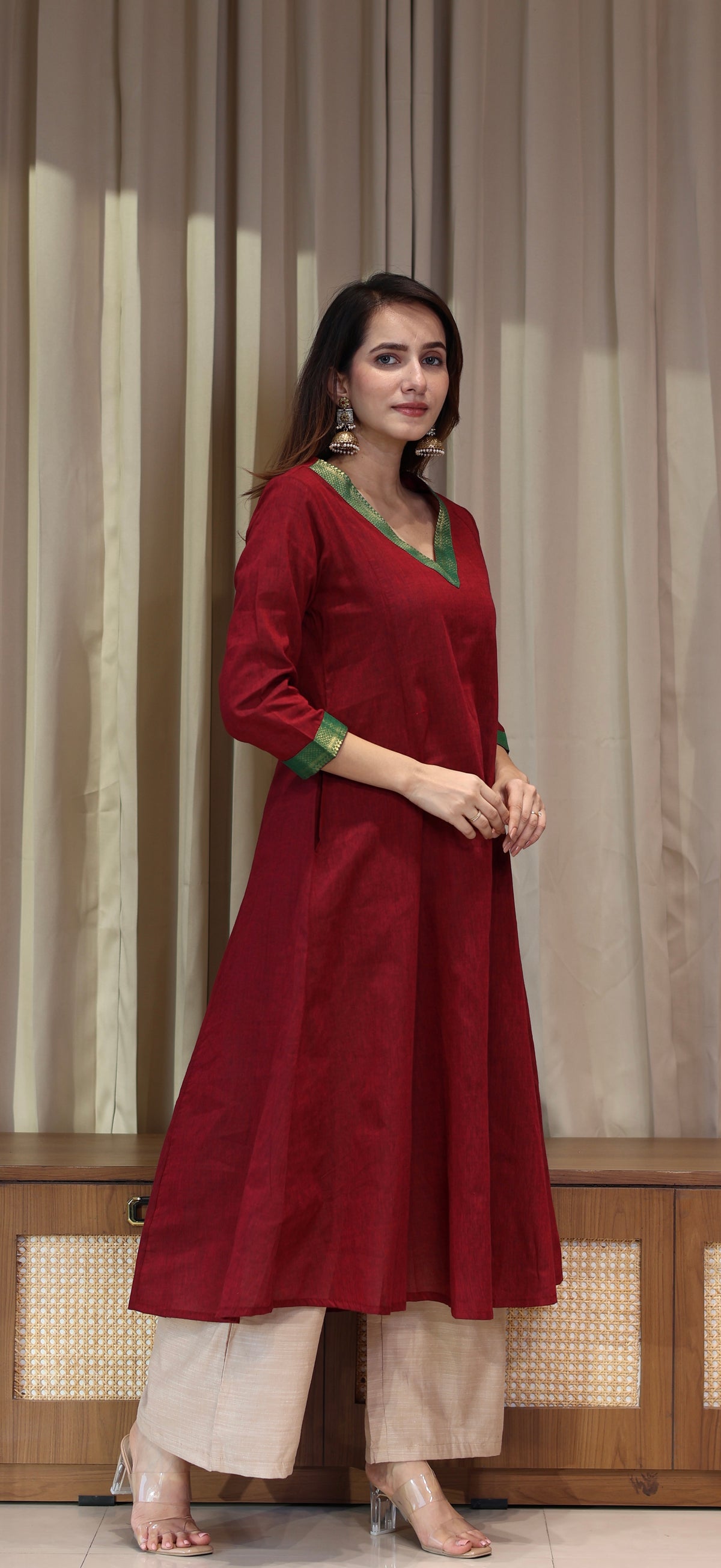Tabasum Mangalgiri Cotton Kali Kurta With Nizam Border - Maroon