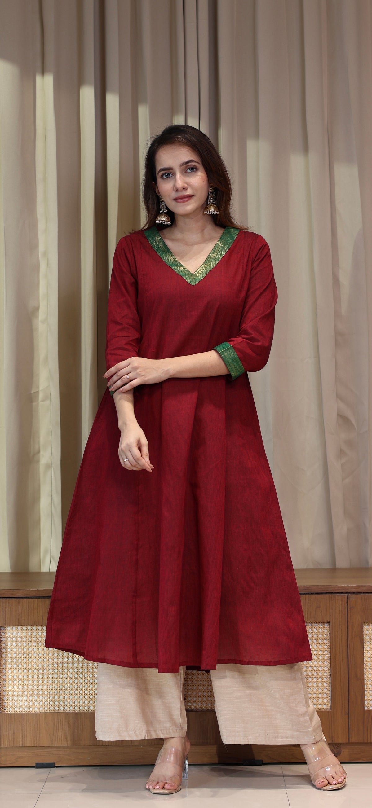 Tabasum Mangalgiri Cotton Kali Kurta With Nizam Border - Maroon