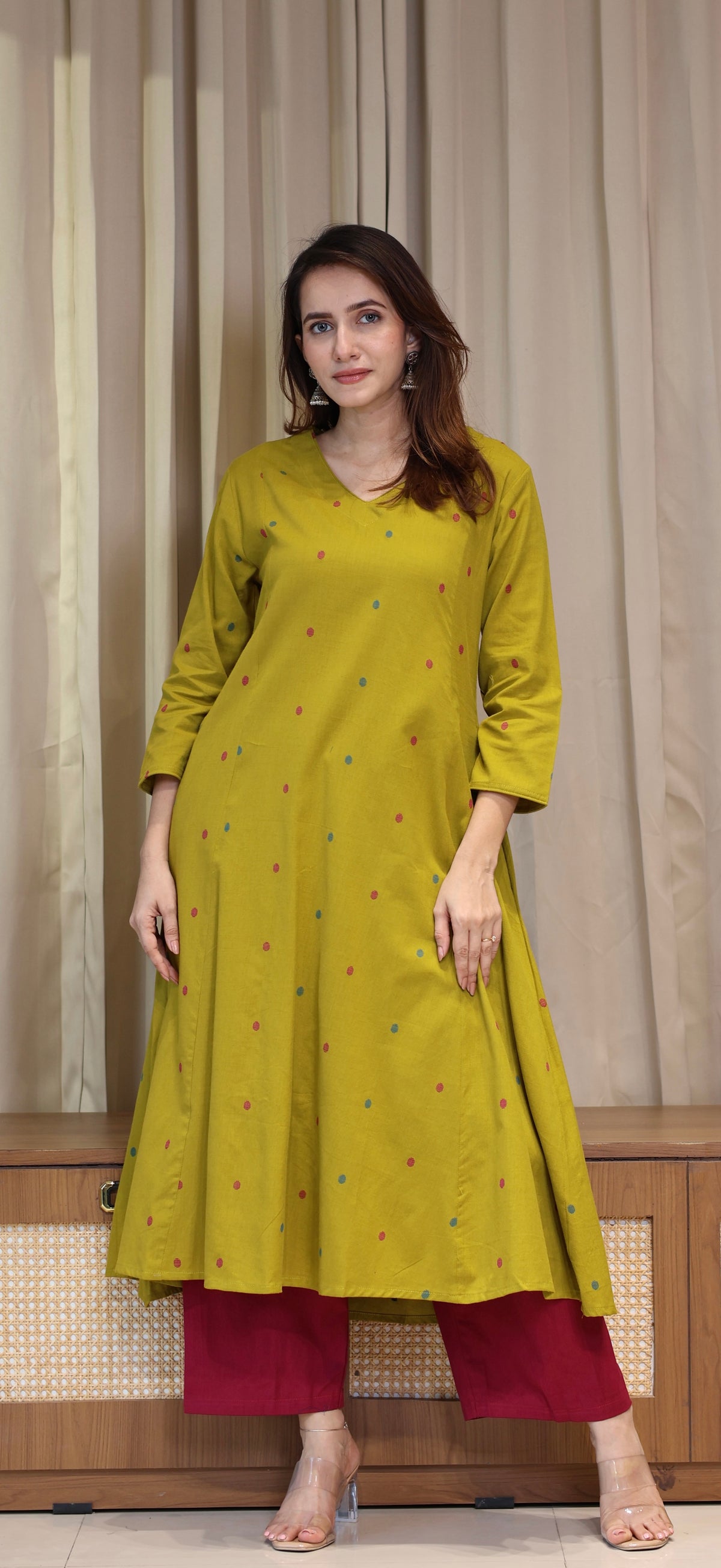 Shaisha Mercerised Cotton Handwoven Kurta - Mustard Olive
