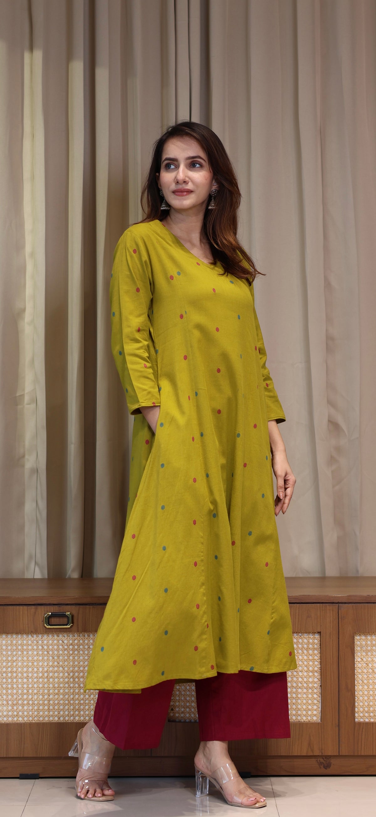 Shaisha Mercerised Cotton Handwoven Kurta - Mustard Olive