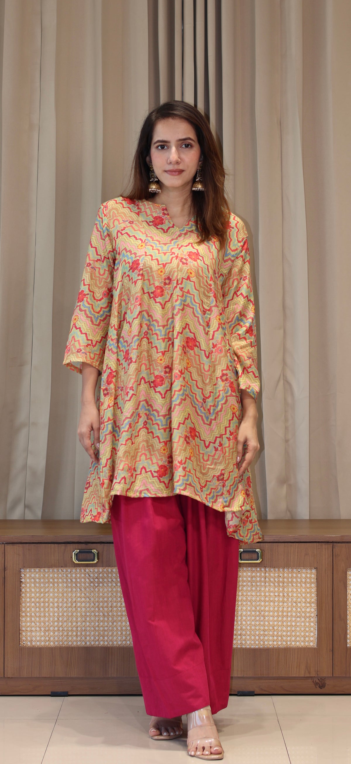 Green Zig Zag Floral Print Cotton Silk Kurta With Farsi Bottom