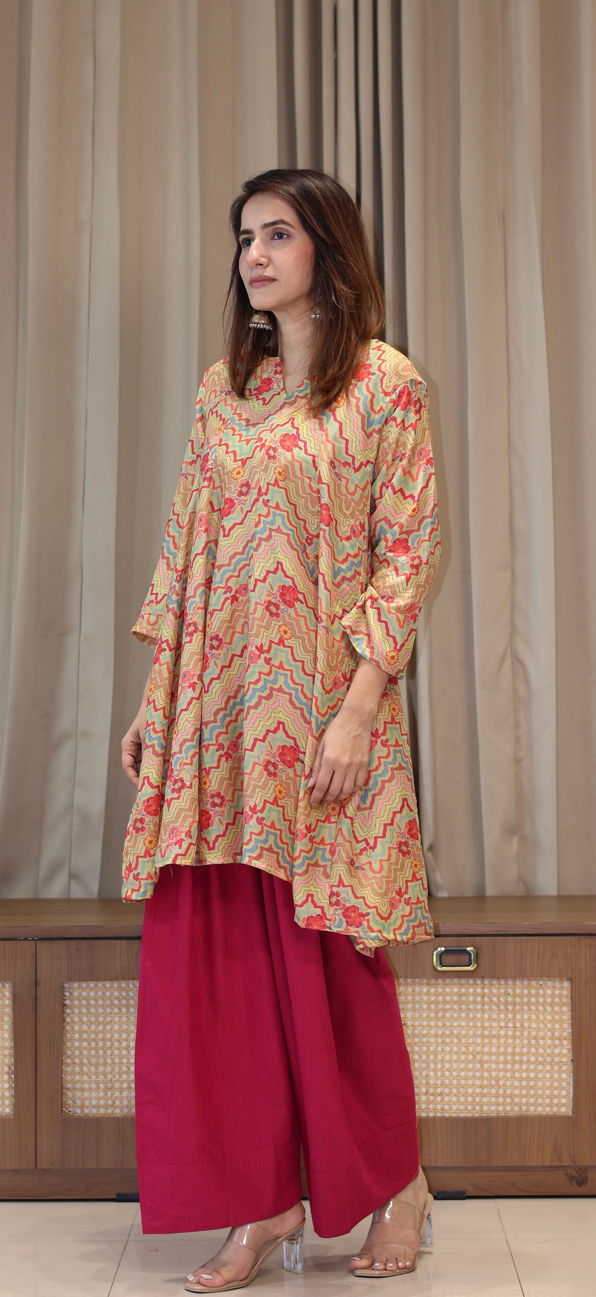 Green Zig Zag Floral Print Cotton Silk Kurta With Farsi Bottom