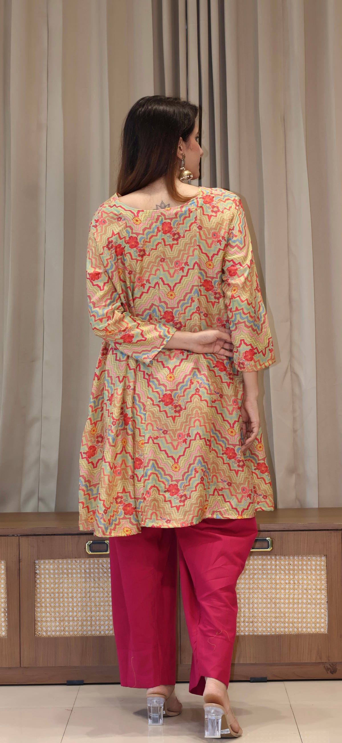 Green Zig Zag Floral Print Cotton Silk Kurta With Farsi Bottom