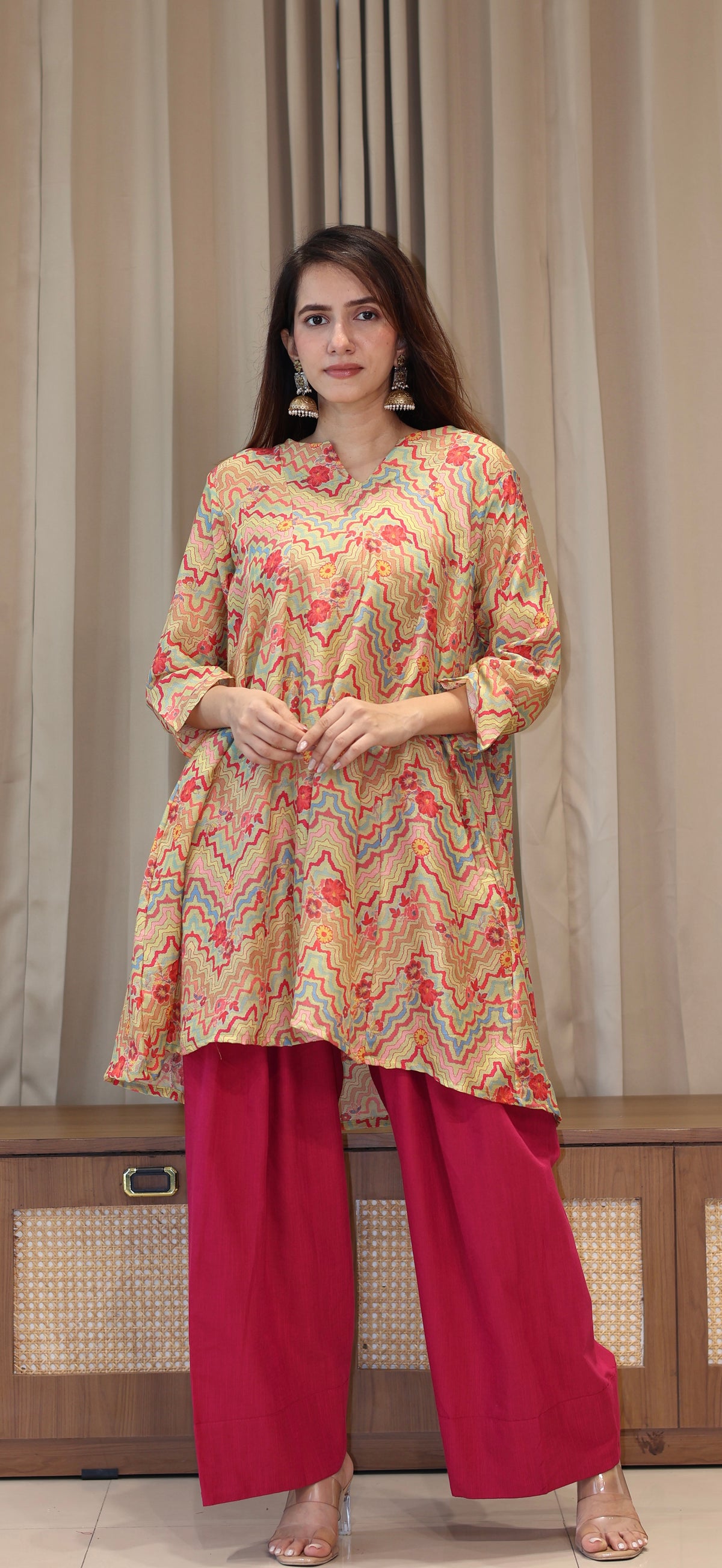 Green Zig Zag Floral Print Cotton Silk Kurta With Farsi Bottom