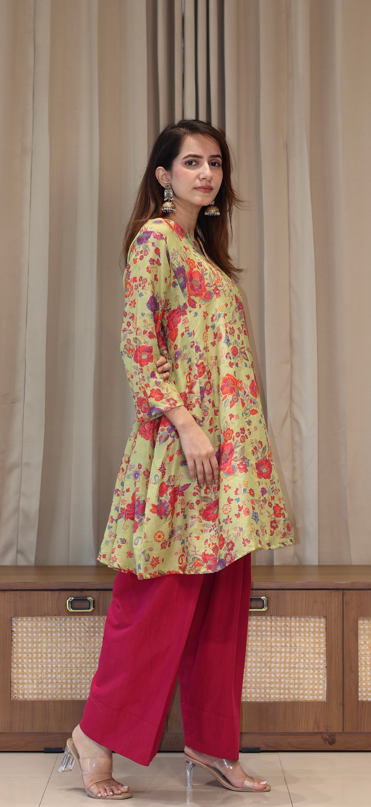 Green Floral Print Cotton Silk Kurta With Farsi Bottom
