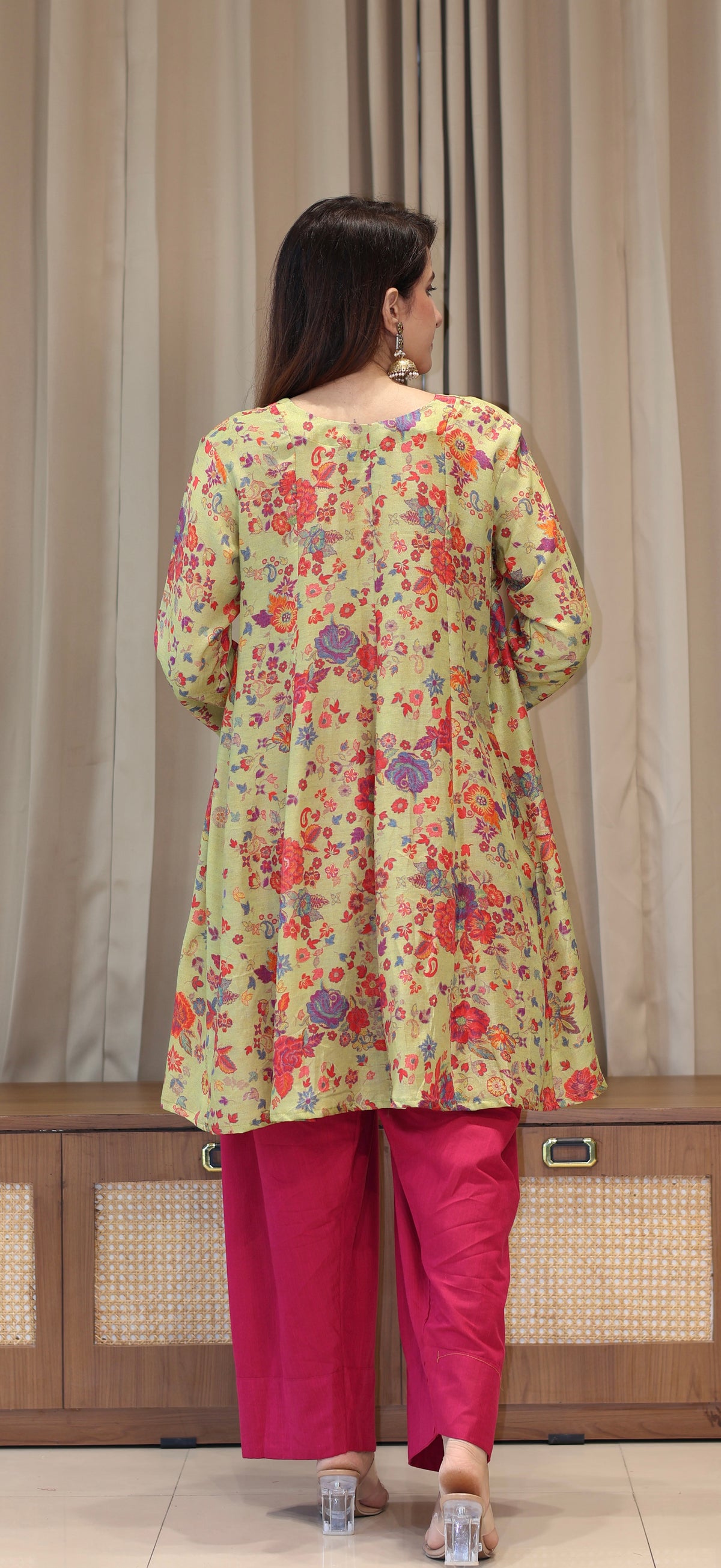 Green Floral Print Cotton Silk Kurta With Farsi Bottom