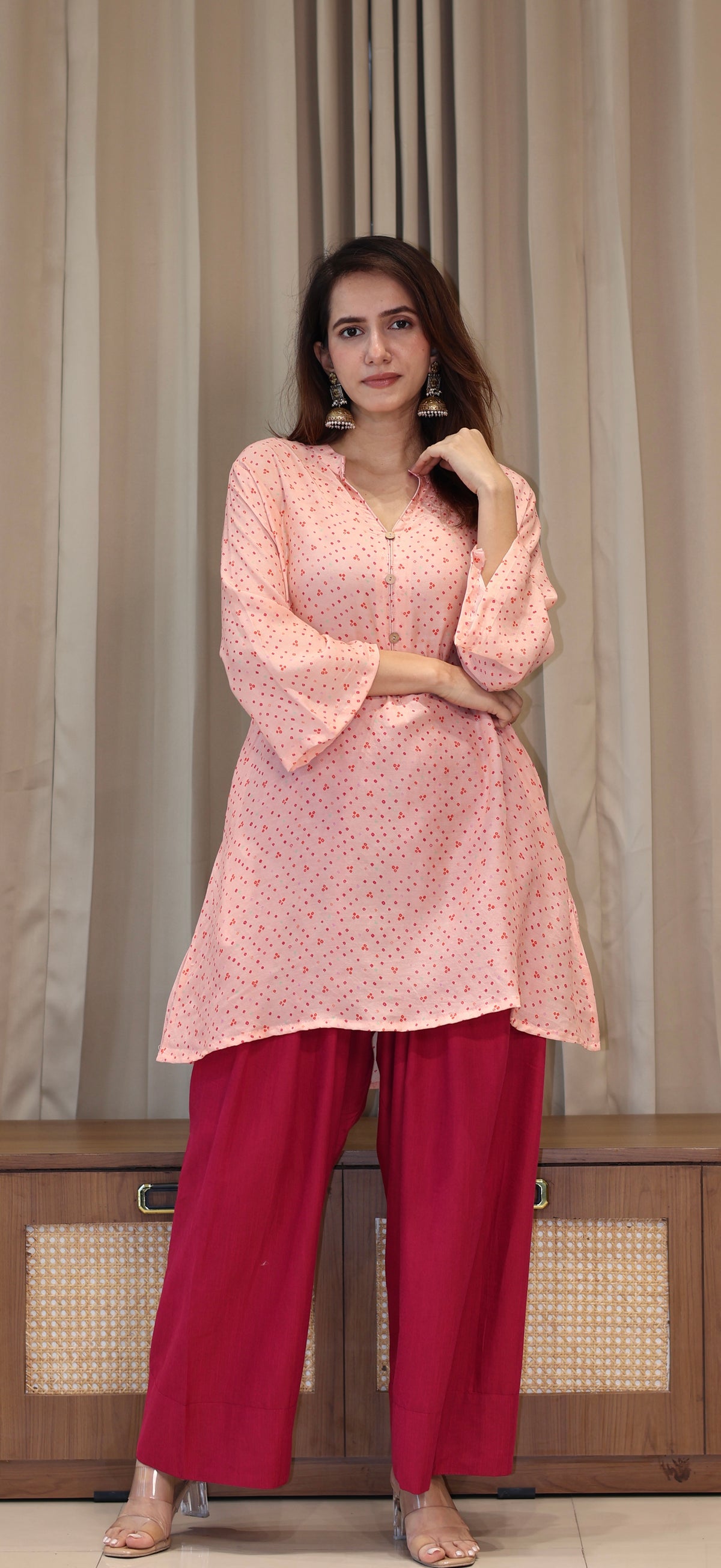 Pink Bandhani Print Cotton Silk Kurta With Farsi Bottom