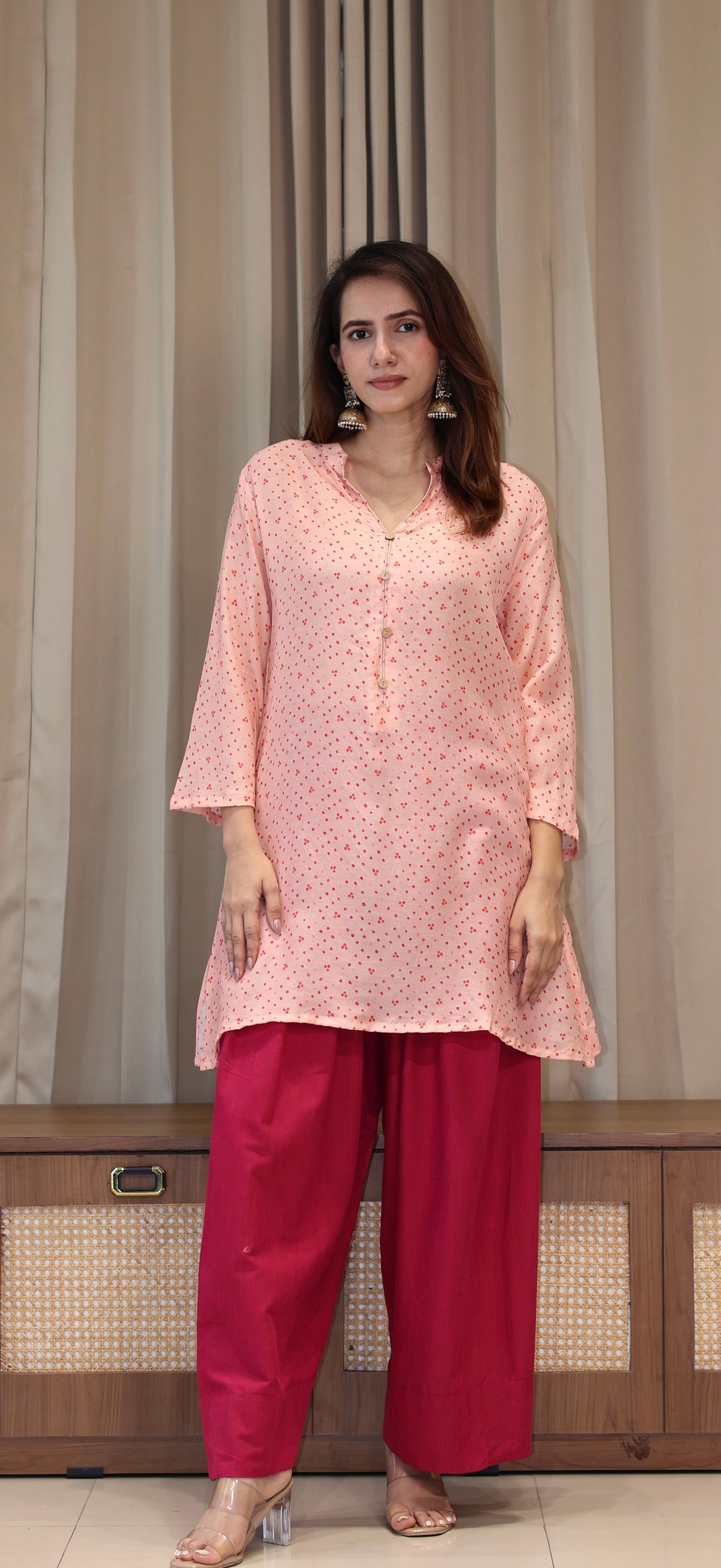 Pink Bandhani Print Cotton Silk Kurta With Farsi Bottom