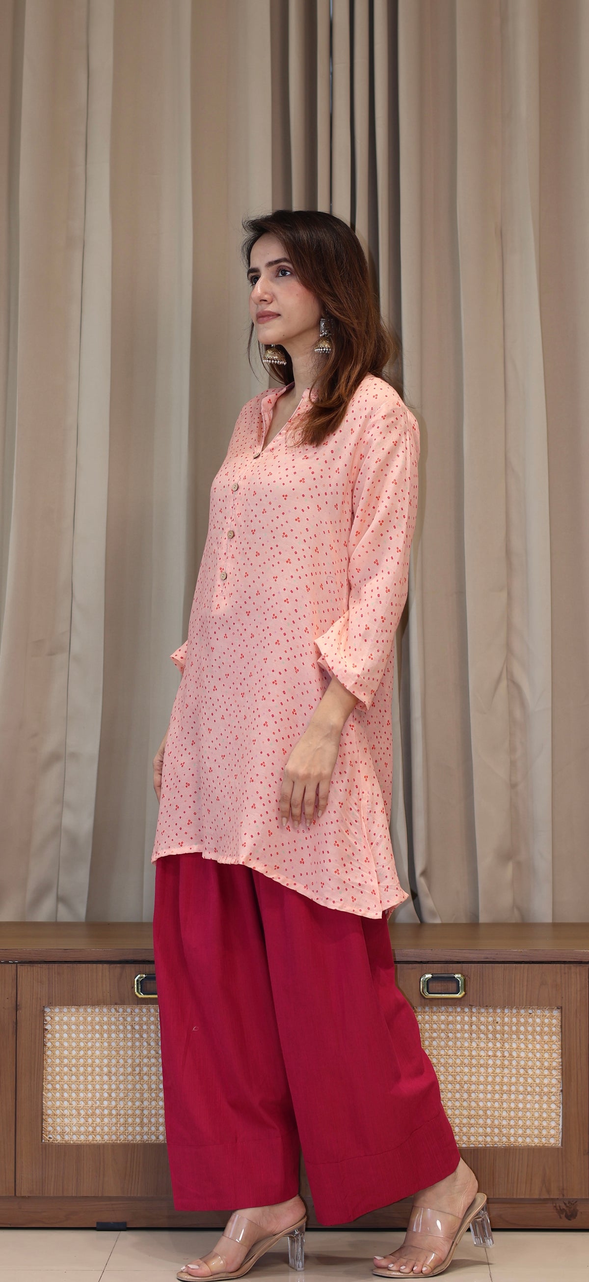 Pink Bandhani Print Cotton Silk Kurta With Farsi Bottom