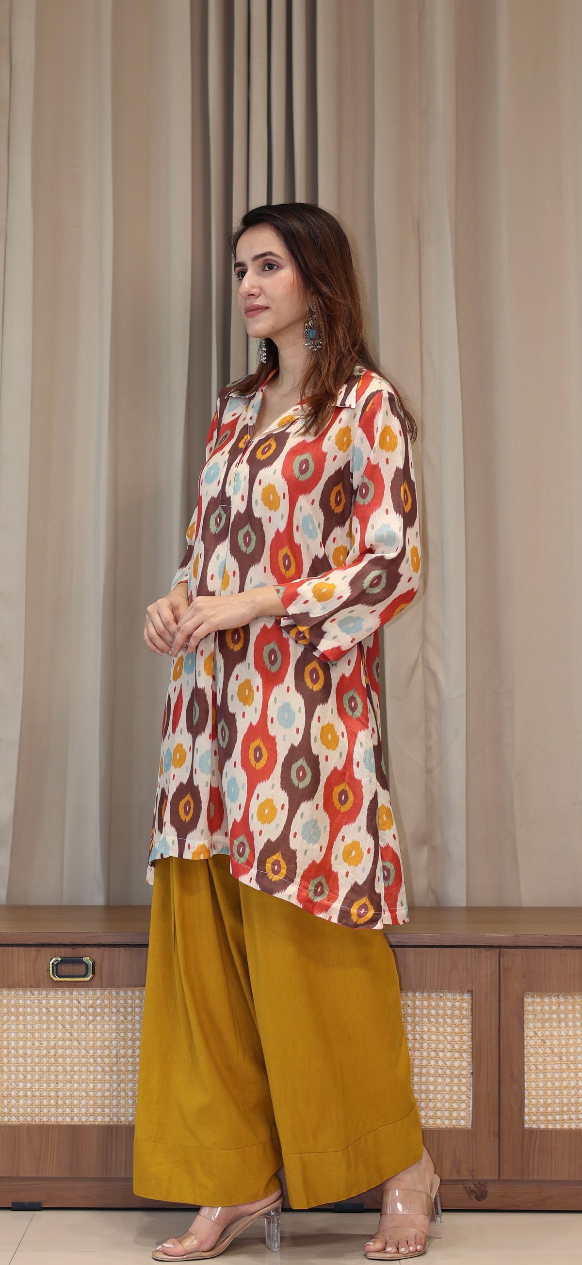 Red/Off White Ikkat Print Cotton Silk Kurta With Farsi Bottom