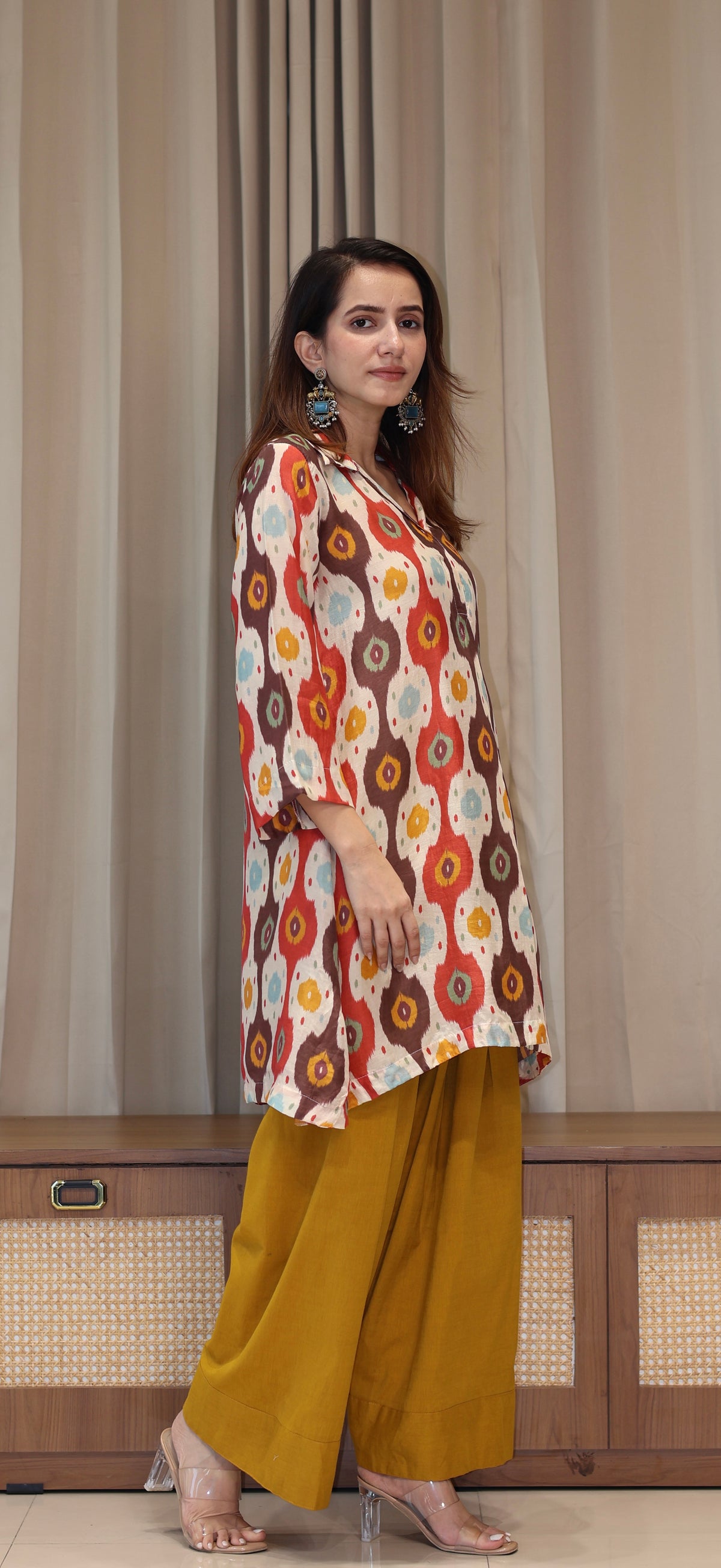Red/Off White Ikkat Print Cotton Silk Kurta With Farsi Bottom