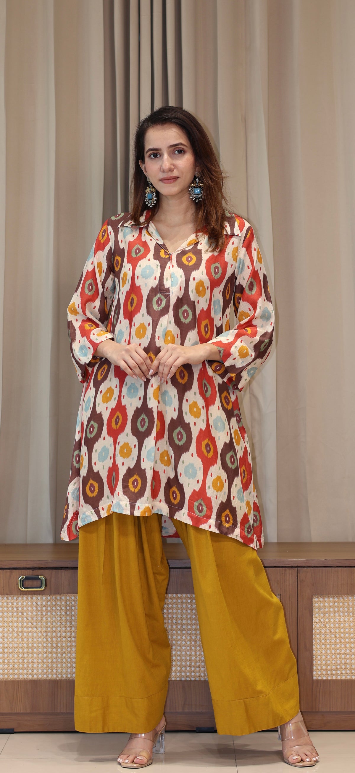Red/Off White Ikkat Print Cotton Silk Kurta With Farsi Bottom