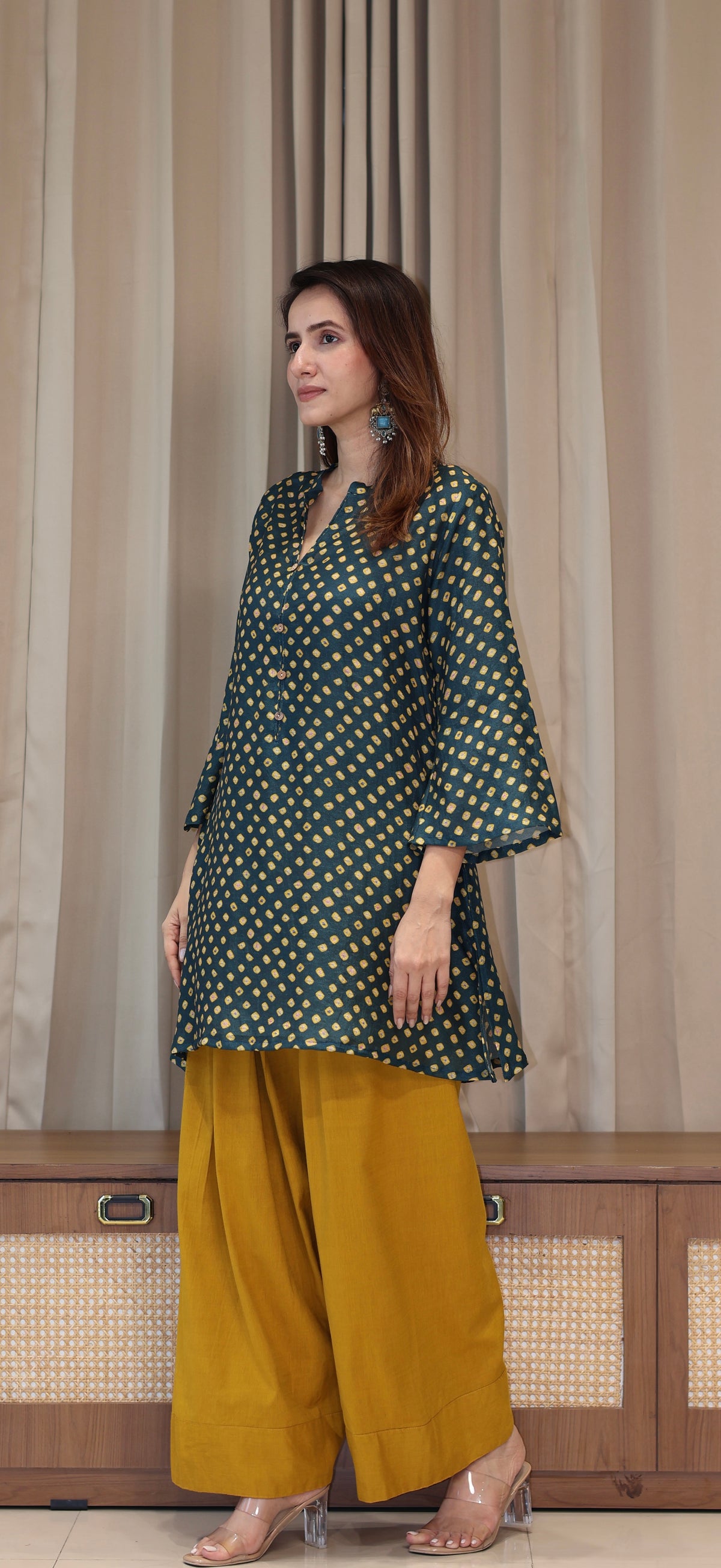 Green Bandhani Print Cotton Silk Kurta With Farsi Bottom