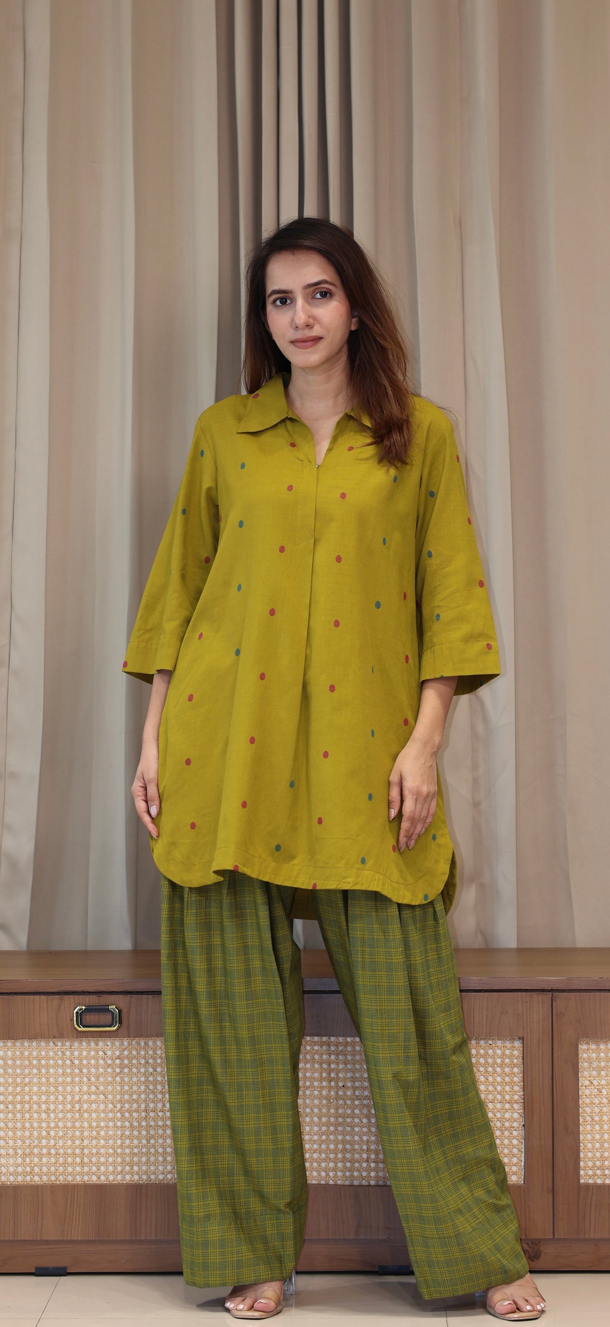 Riddhi Mercerised Cotton Handwoven Kurta Set - Mustard Olive