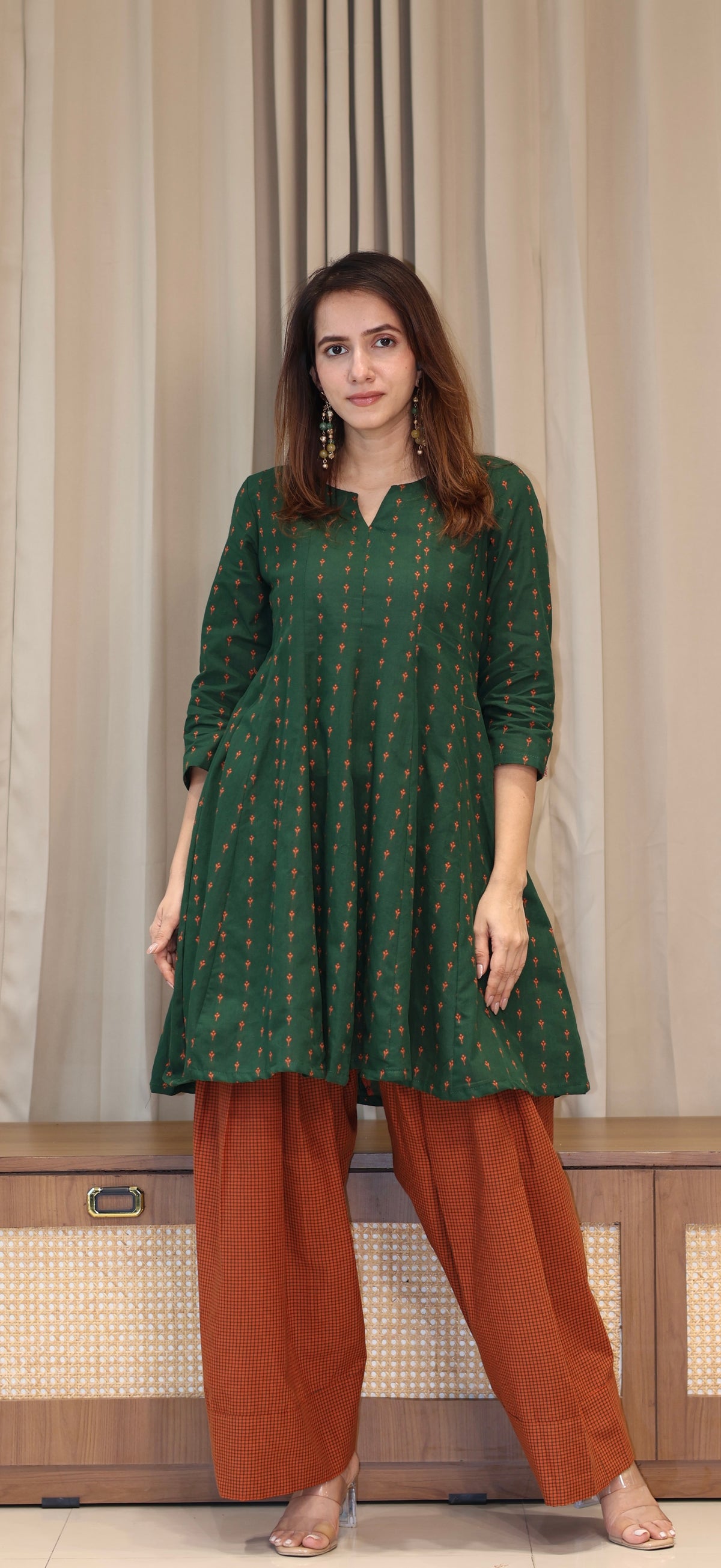 Dark Green/Orange Butti Handwoven Cotton Kali Kurta With Checkered Farsi Bottom