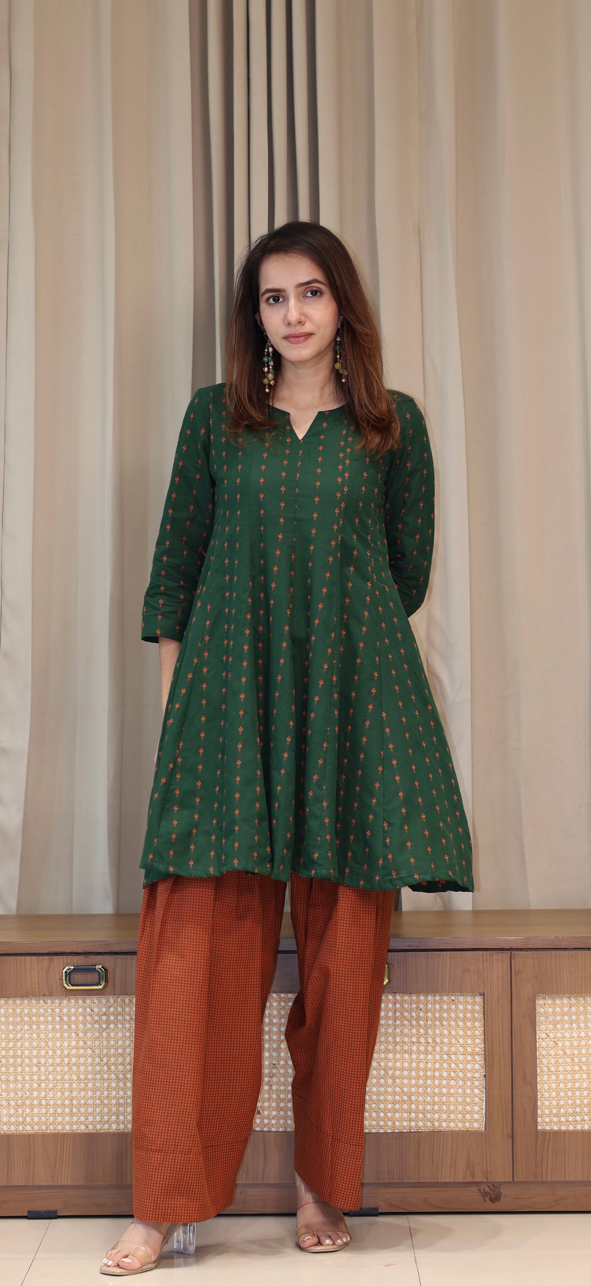 Dark Green/Orange Butti Handwoven Cotton Kali Kurta With Checkered Farsi Bottom