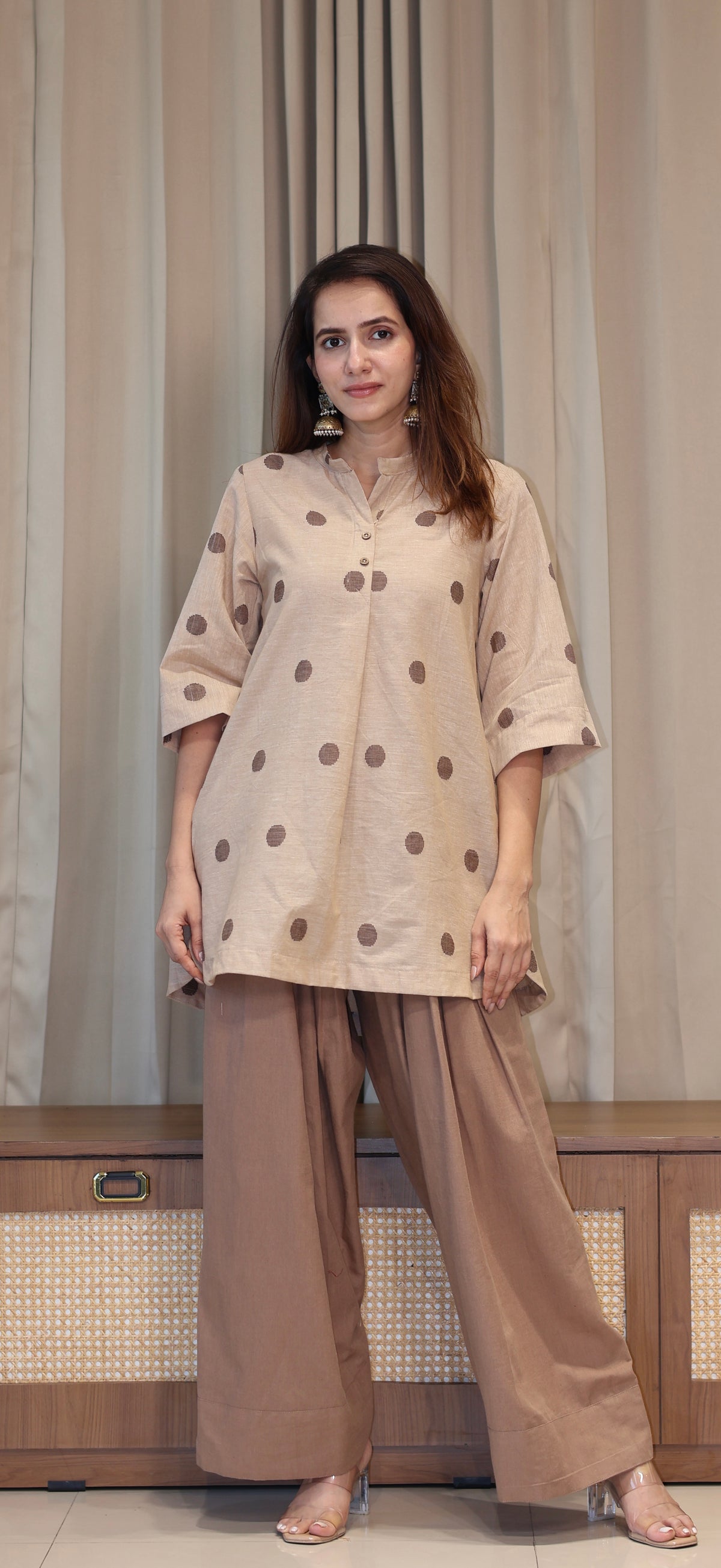 Shubhi Handwoven Cotton Kali Kurta Set - Beige