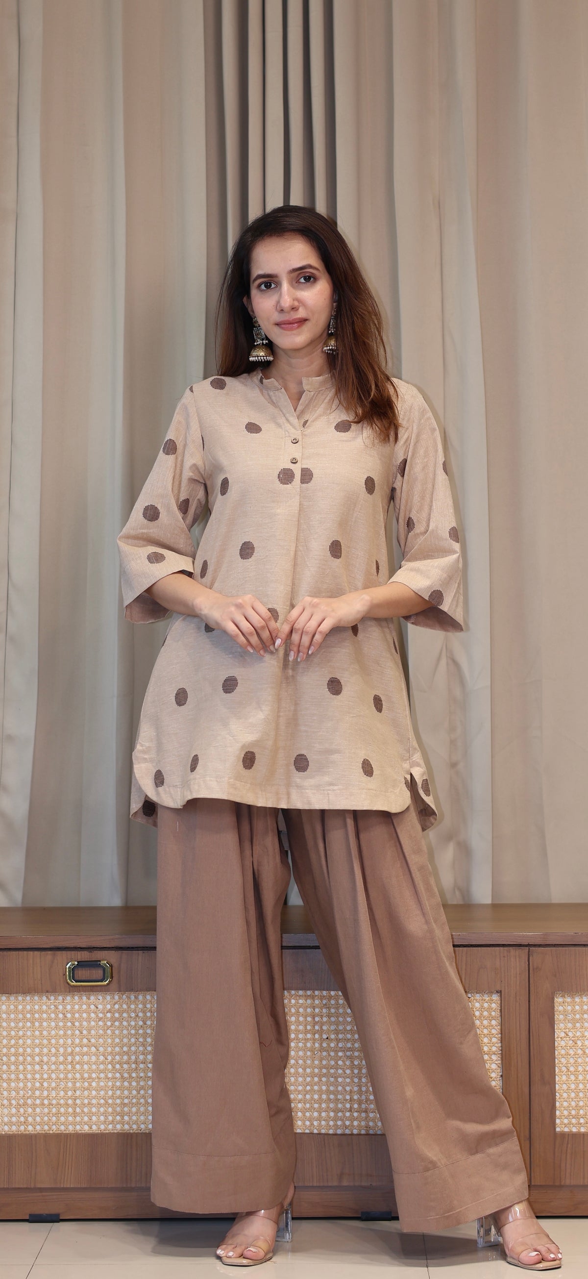 Shubhi Handwoven Cotton Kali Kurta Set - Beige