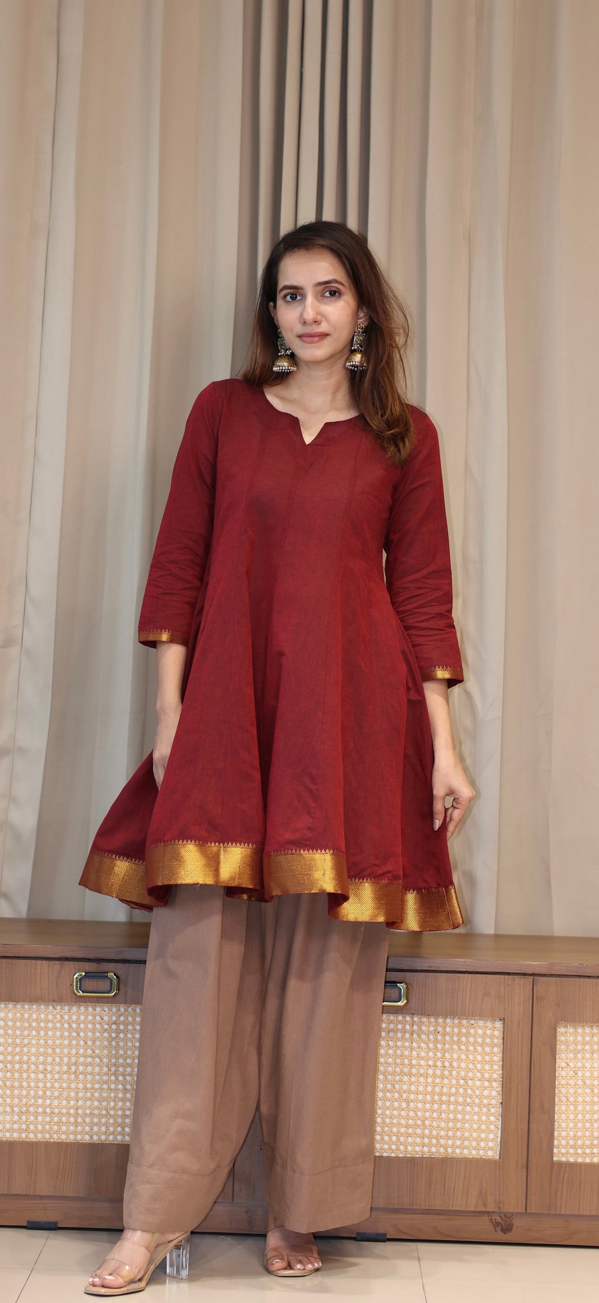 Dhvani Mangalgiri Cotton Kali Kurta Set With Nizam Border - Maroon