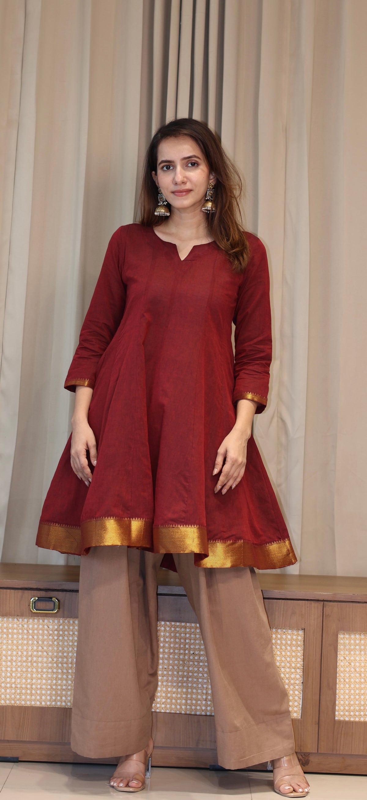 Dhvani Mangalgiri Cotton Kali Kurta Set With Nizam Border - Maroon