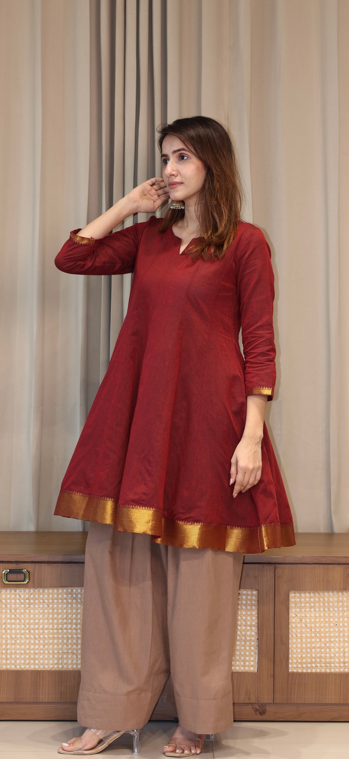 Dhvani Mangalgiri Cotton Kali Kurta Set With Nizam Border - Maroon