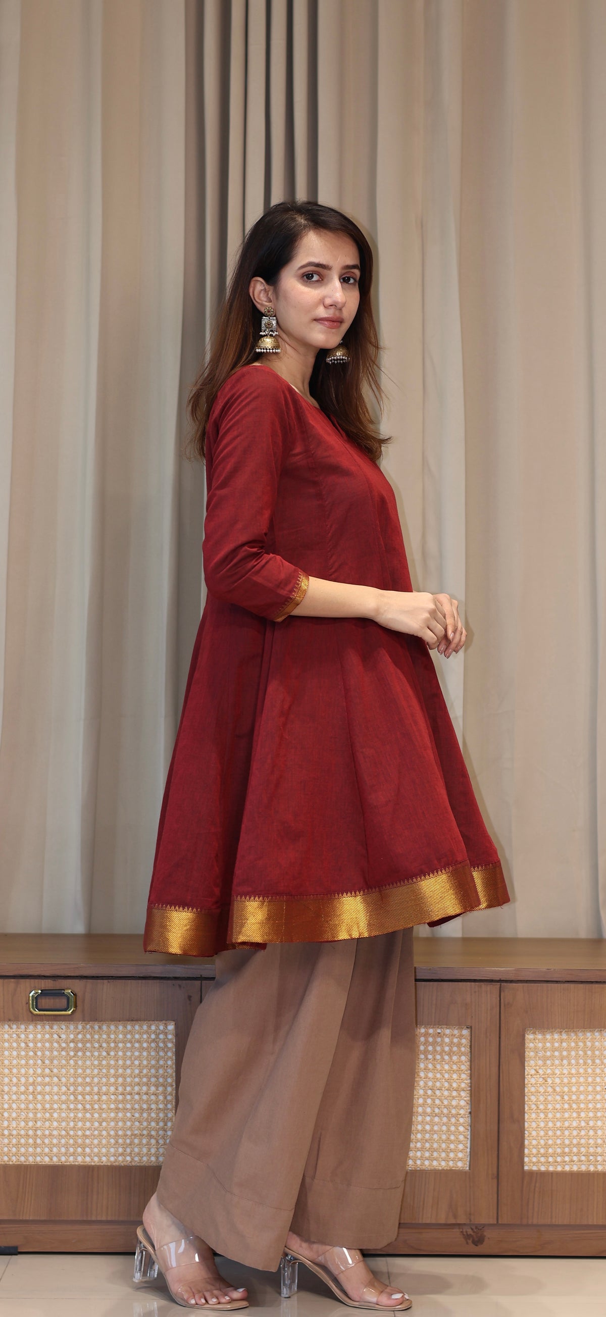 Dhvani Mangalgiri Cotton Kali Kurta Set With Nizam Border - Maroon
