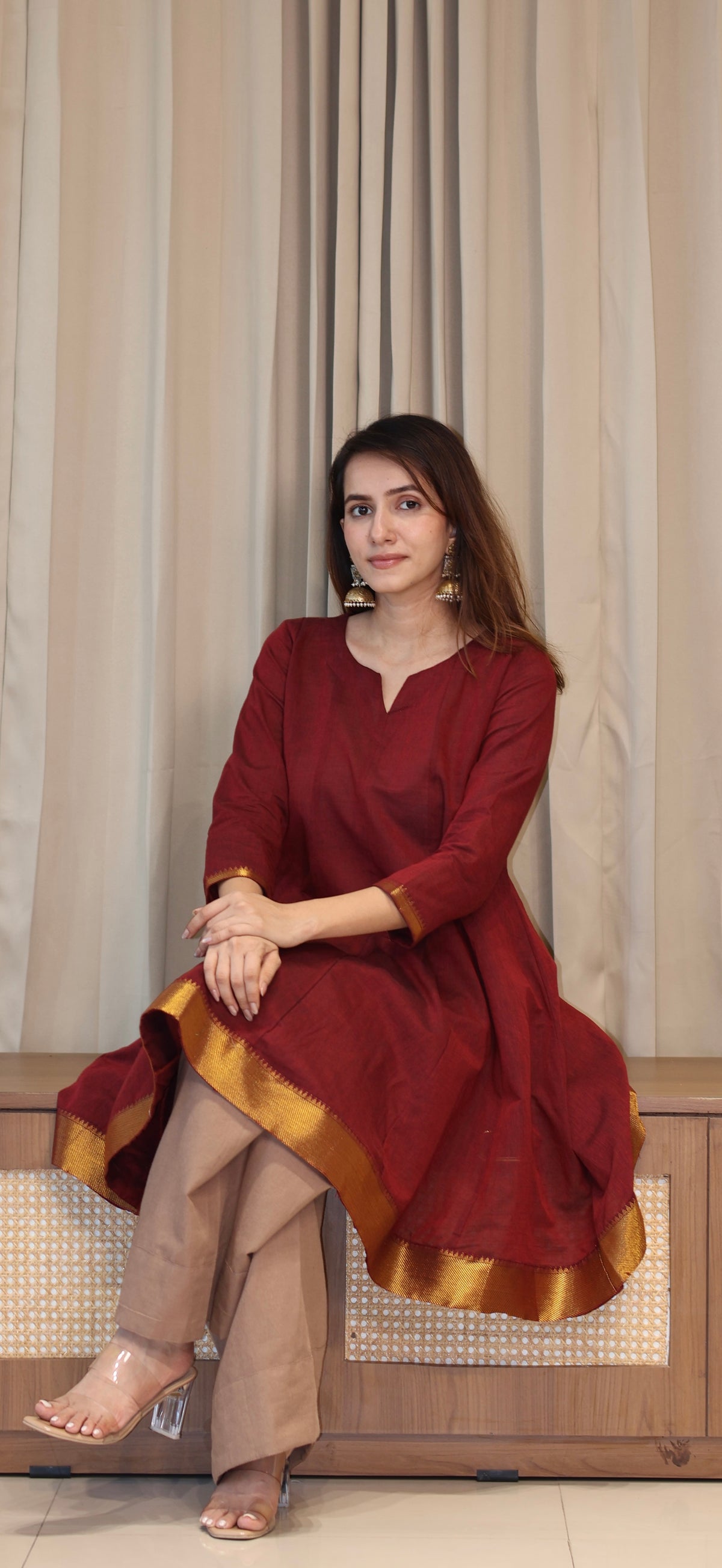Dhvani Mangalgiri Cotton Kali Kurta Set With Nizam Border - Maroon