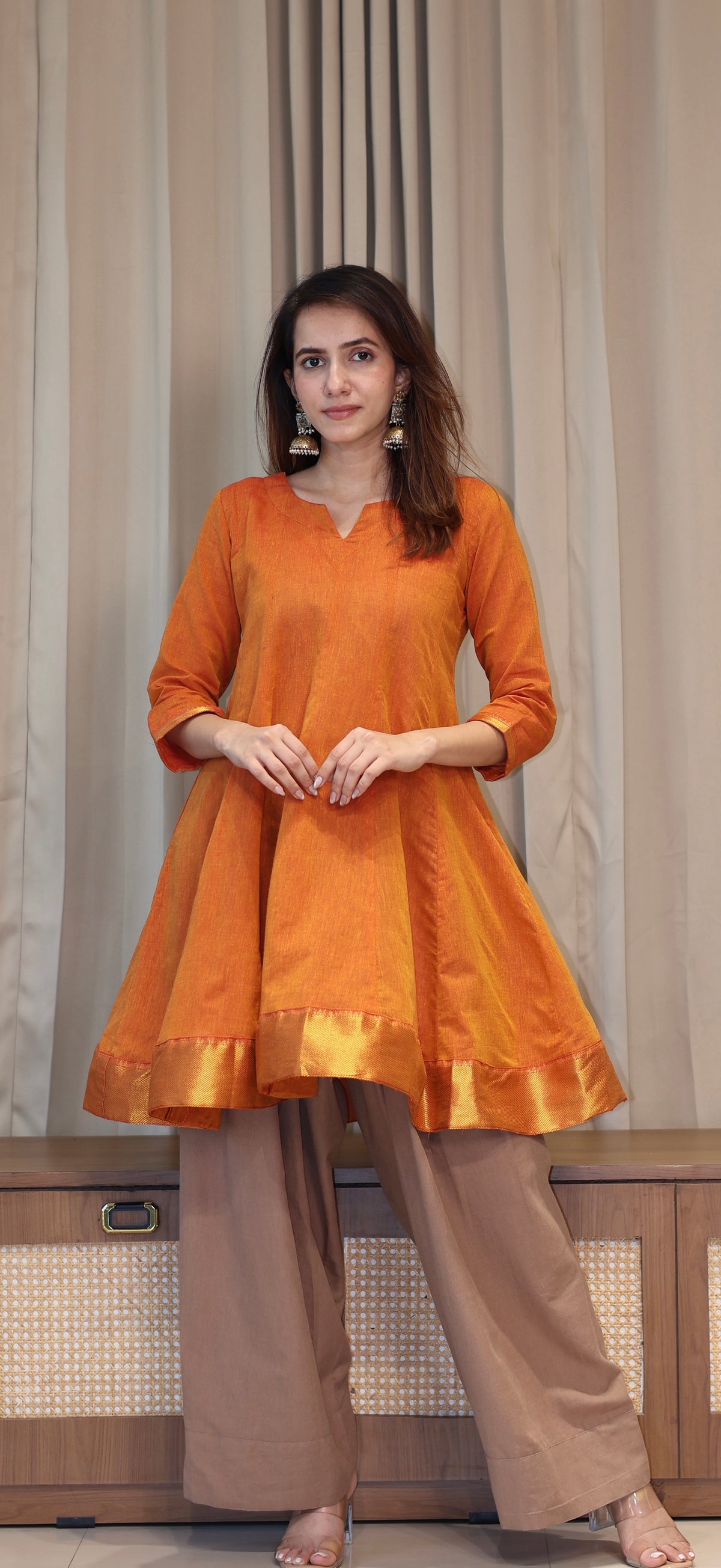 Farheen Mangalgiri Cotton Kali Kurta Set With Nizam Border - Orange