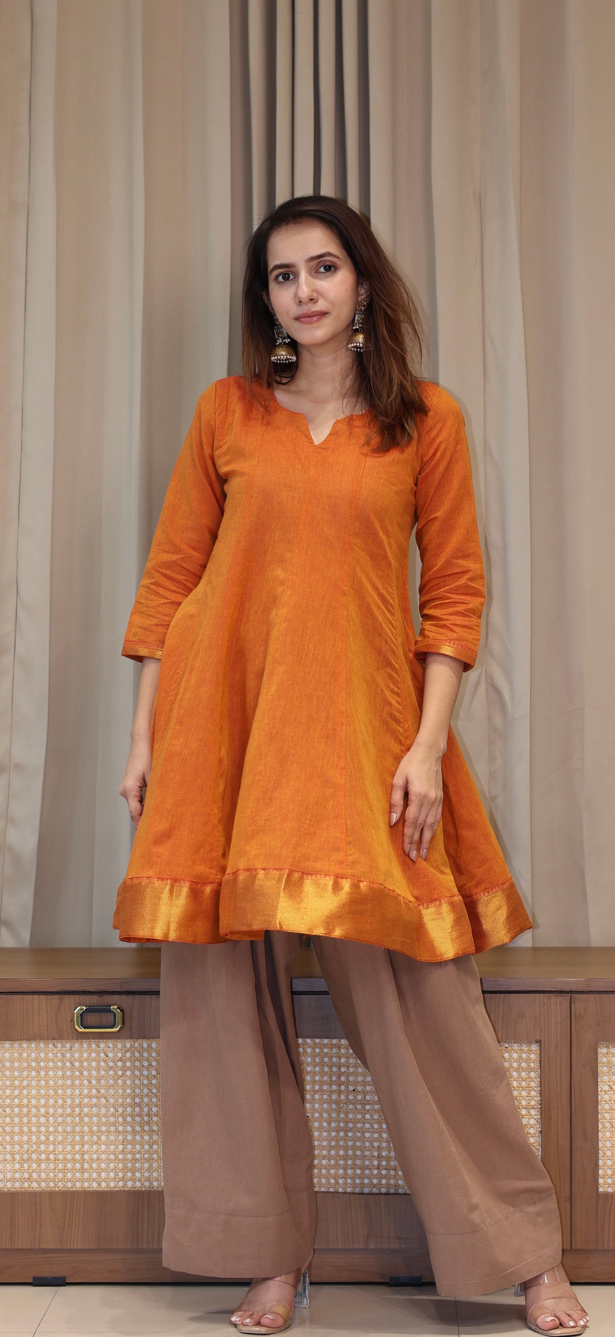 Farheen Mangalgiri Cotton Kali Kurta Set With Nizam Border - Orange