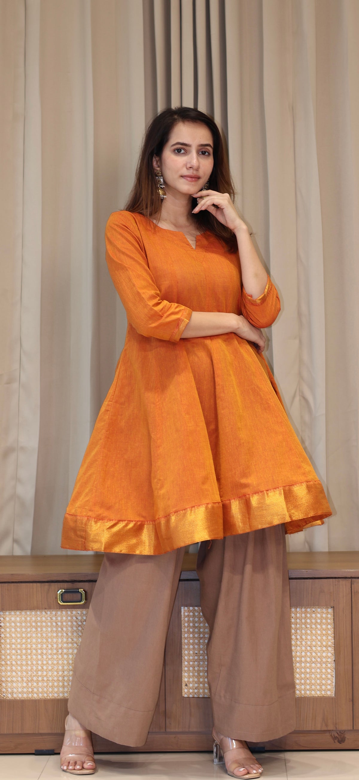 Farheen Mangalgiri Cotton Kali Kurta Set With Nizam Border - Orange