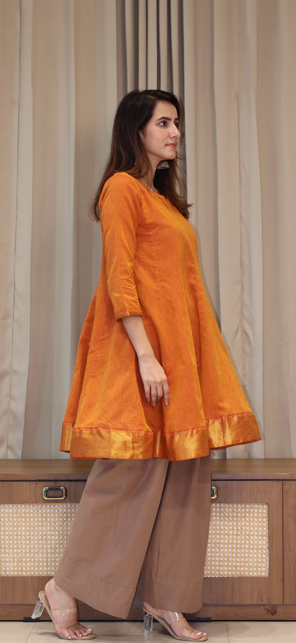 Farheen Mangalgiri Cotton Kali Kurta Set With Nizam Border - Orange