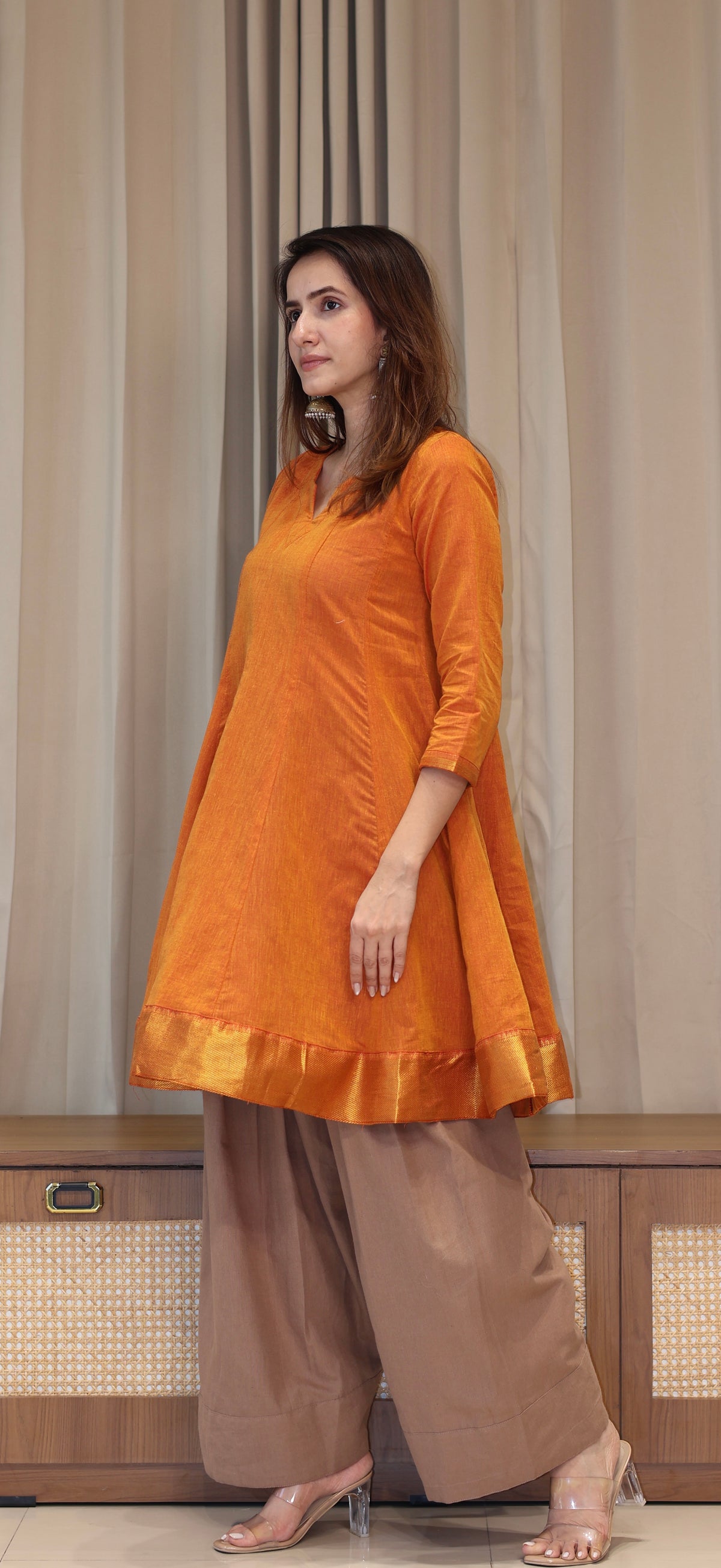 Farheen Mangalgiri Cotton Kali Kurta Set With Nizam Border - Orange