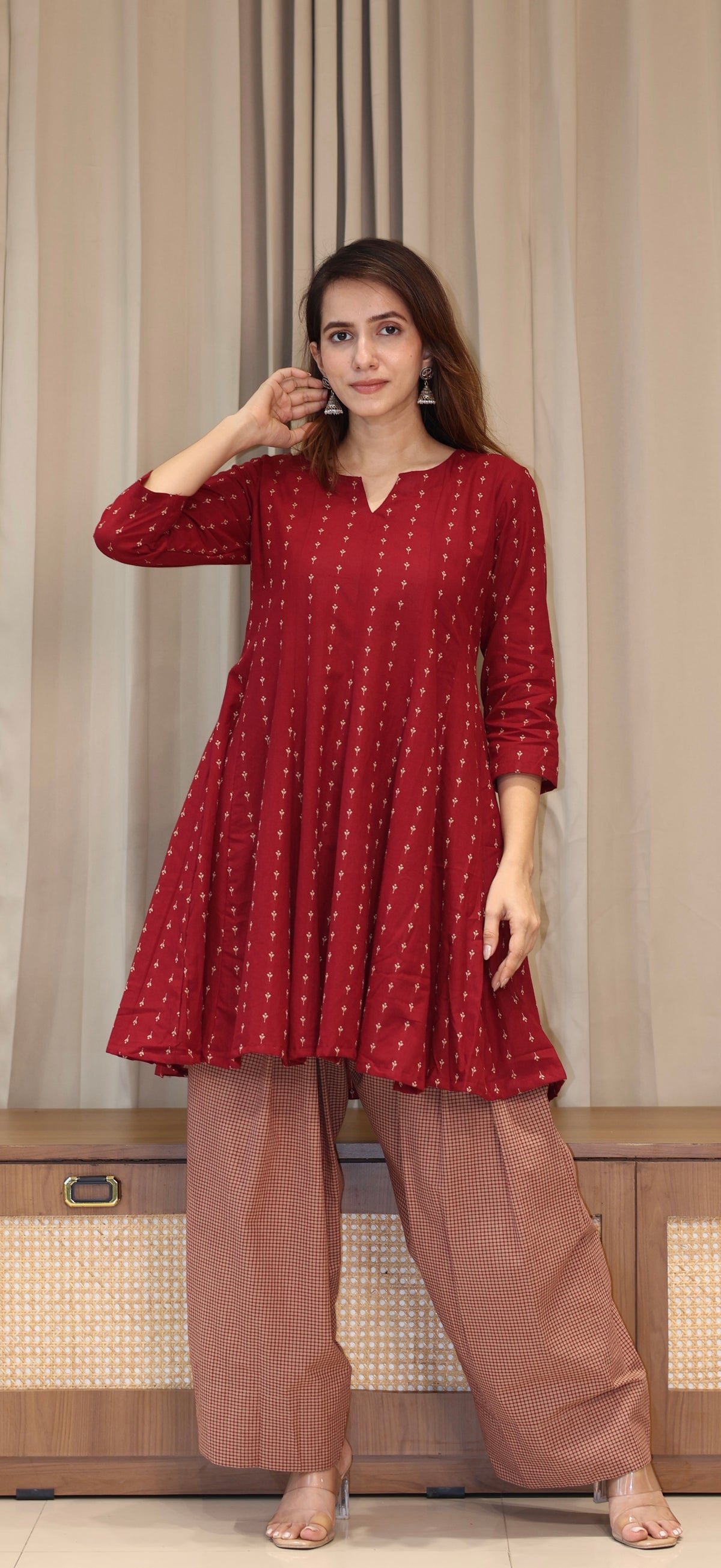 Maroon/Beige Butti Handwoven Cotton Kali Kurta With Checkered Farsi Bottom