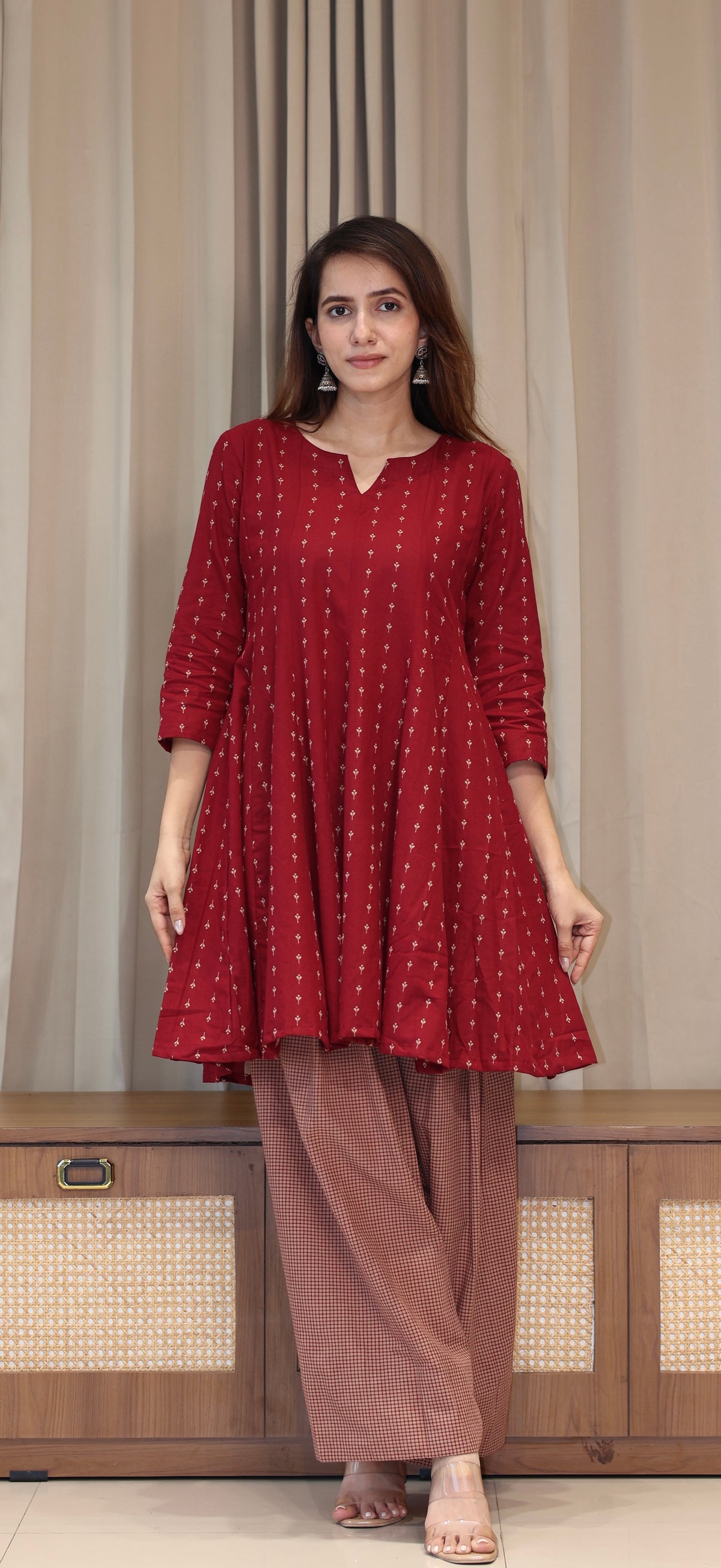 Maroon/Beige Butti Handwoven Cotton Kali Kurta With Checkered Farsi Bottom