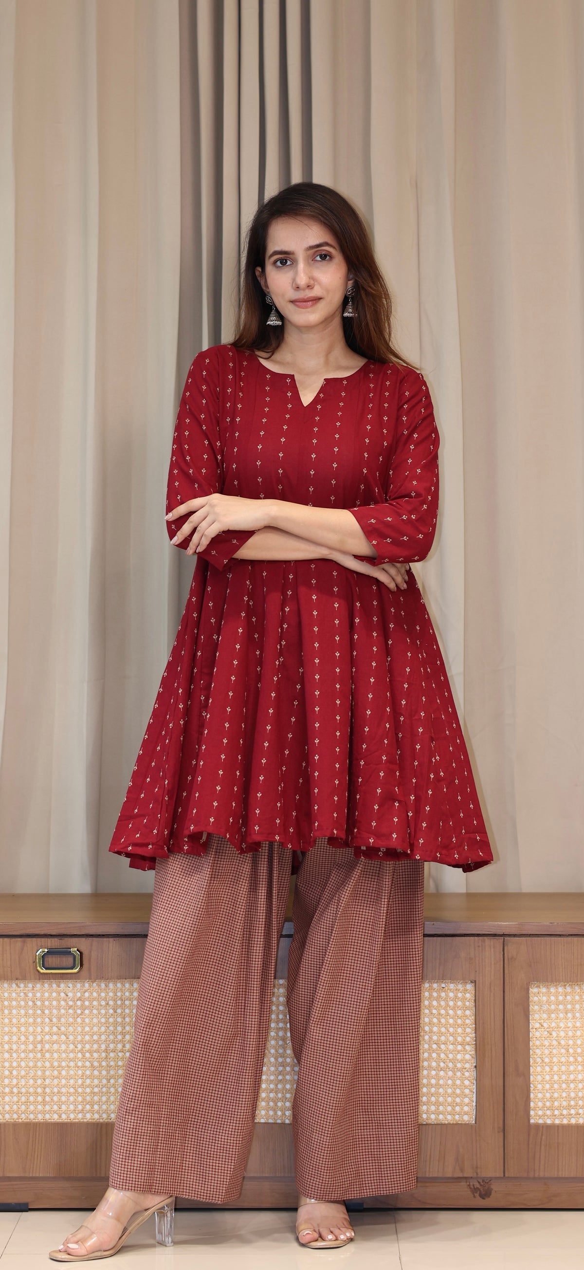 Maroon/Beige Butti Handwoven Cotton Kali Kurta With Checkered Farsi Bottom