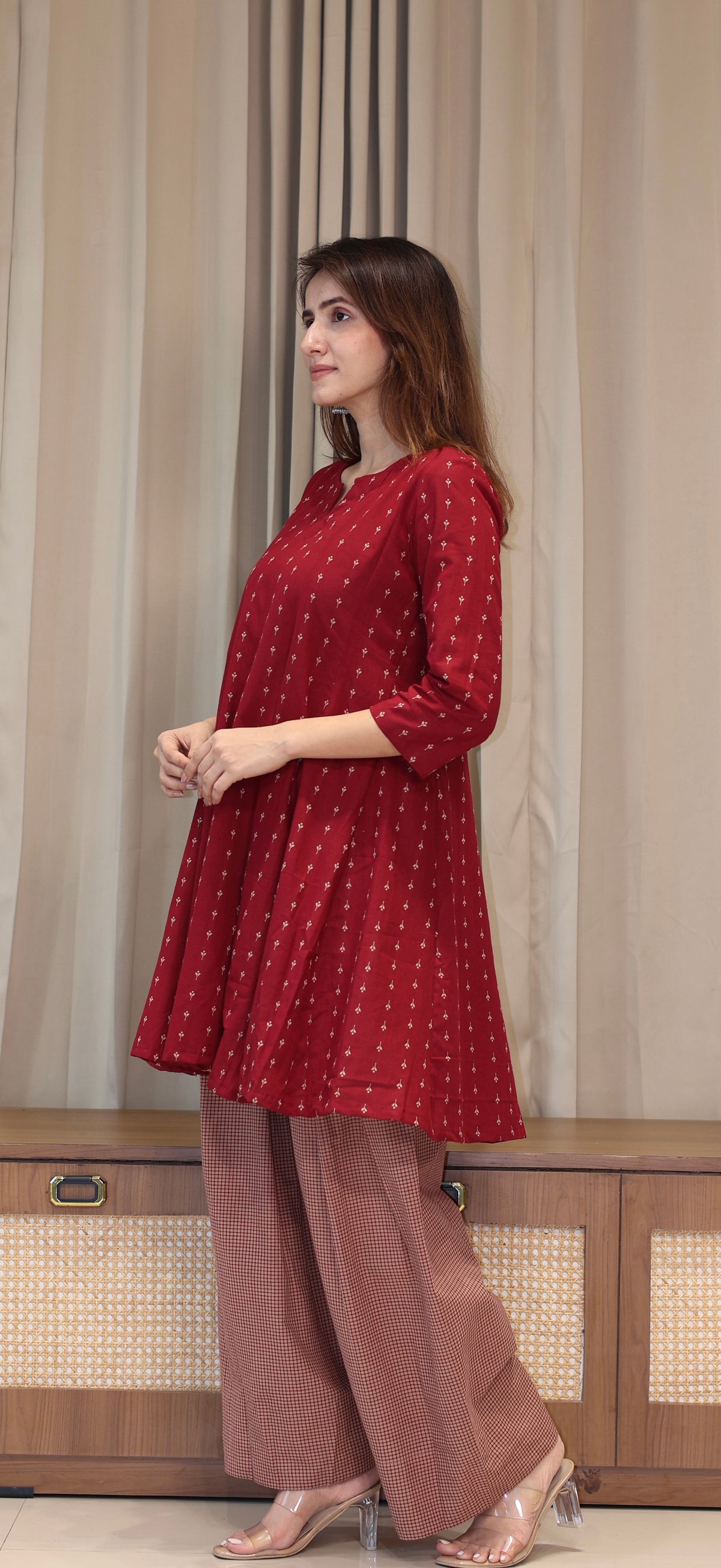 Maroon/Beige Butti Handwoven Cotton Kali Kurta With Checkered Farsi Bottom